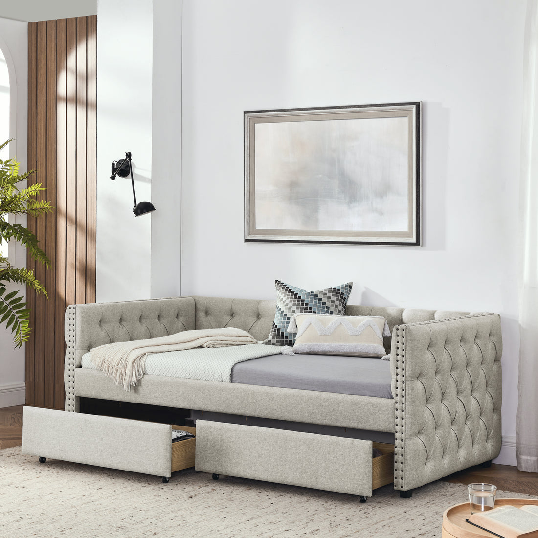 Upholstered Twin Size Daybed With Two Drawers, With Button And Copper Nail On Square Arms, Beige 82.75''X43''X30.75'' Box Spring Not Required Twin Beige Composite Bedroom Classic,Contemporary,Luxury,Modern,Traditional Linen Linen