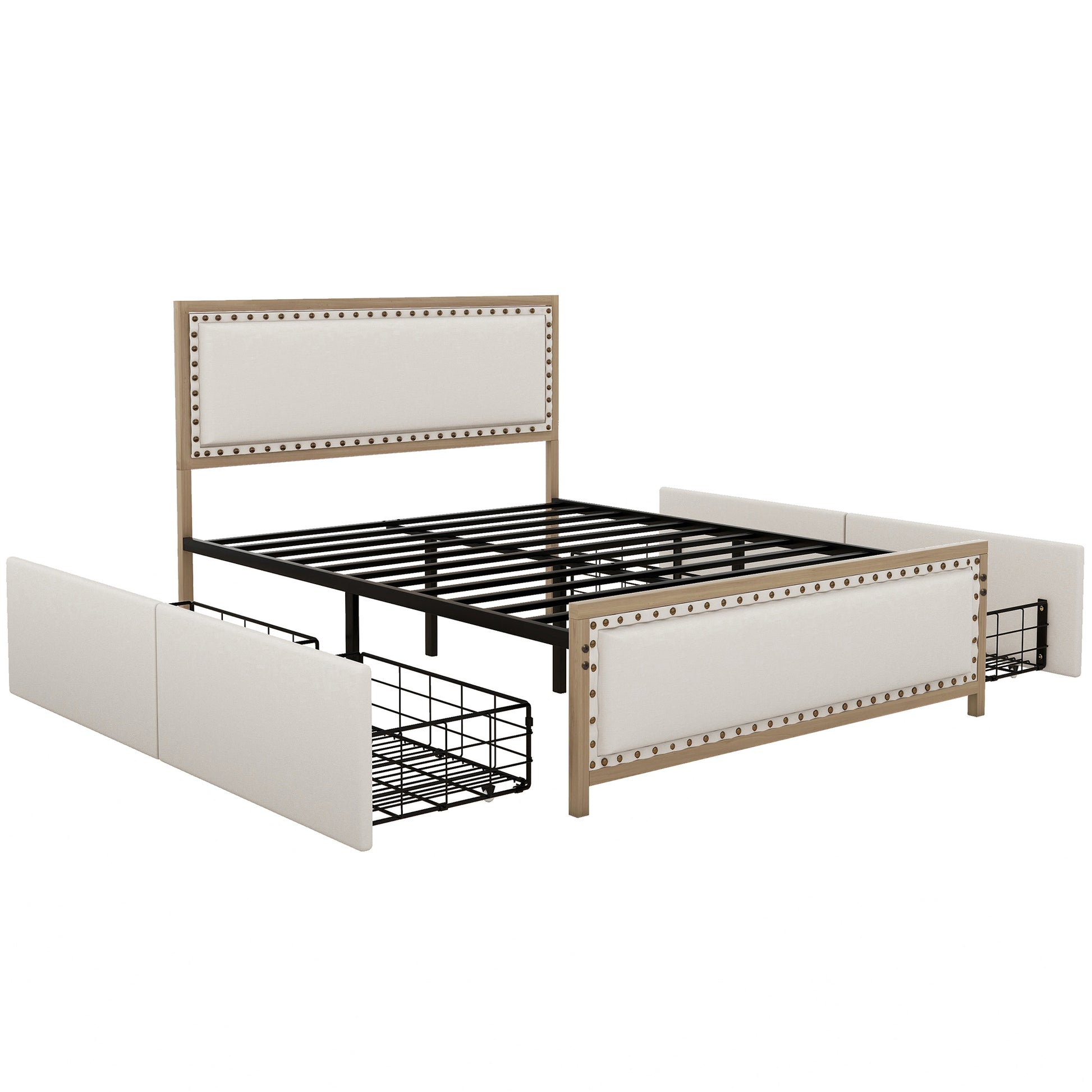 Queen Size Upholstered Platform Bed With Decoration And 4 Drawers, Brown Box Spring Not Required Queen Brown Metal Bedroom Bed Frame Linen Upholstered