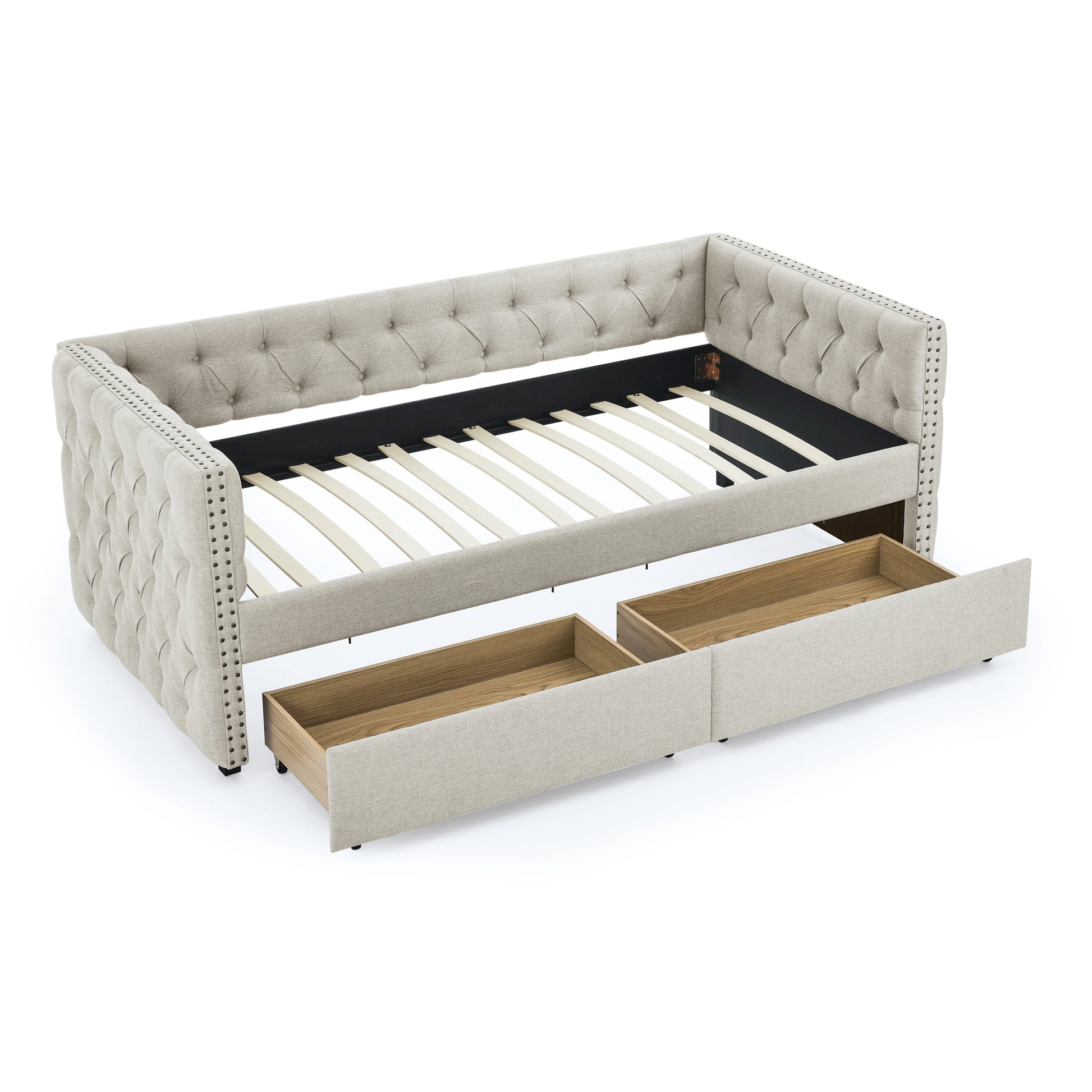 Upholstered Twin Size Daybed With Two Drawers, With Button And Copper Nail On Square Arms, Beige 82.75''X43''X30.75'' Box Spring Not Required Twin Beige Composite Bedroom Classic,Contemporary,Luxury,Modern,Traditional Linen Linen