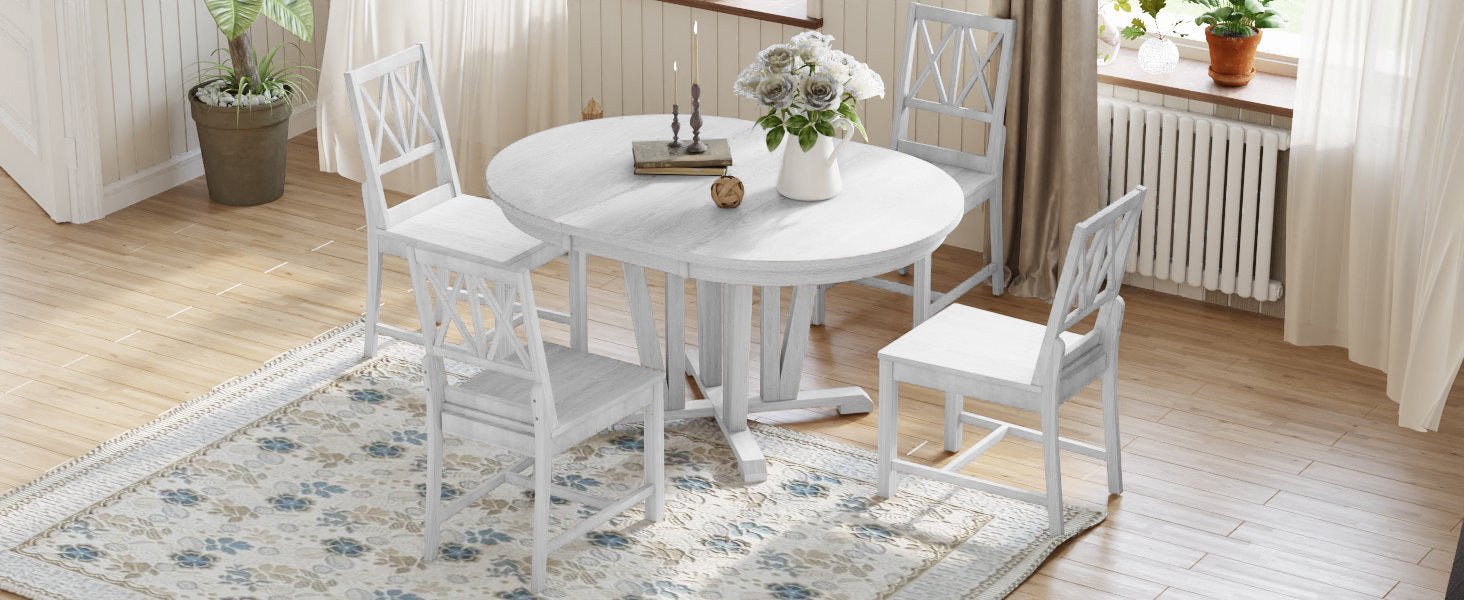 Rustic 5 Piece Extendable Dining Table Set Round Trestle Table And 4 Cross Back Dining Chairs For Kitchen, Dining Room, Gray Gray Wood Dining Room Solid Wood Rubberwood Round Dining Table With Chair Wood Wood Gray Solid Back Seats 4 Removable Leaf