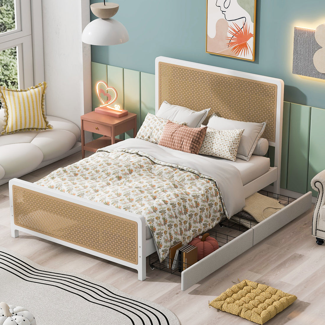 Queen Size Metal Platform Bed With 2 Drawers, White Box Spring Not Required Queen White Bedroom Bed Frame Metal