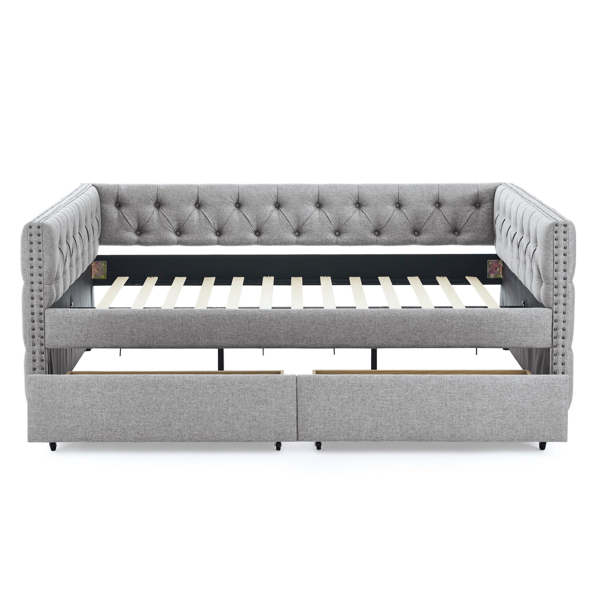 Upholstered Full Size Daybed With Two Drawers, With Button And Copper Nail On Square Arms, Grey 82.75''X58''X30.75'' Box Spring Not Required Full Grey Composite Bedroom Classic,Contemporary,Luxury,Modern,Traditional Linen Linen