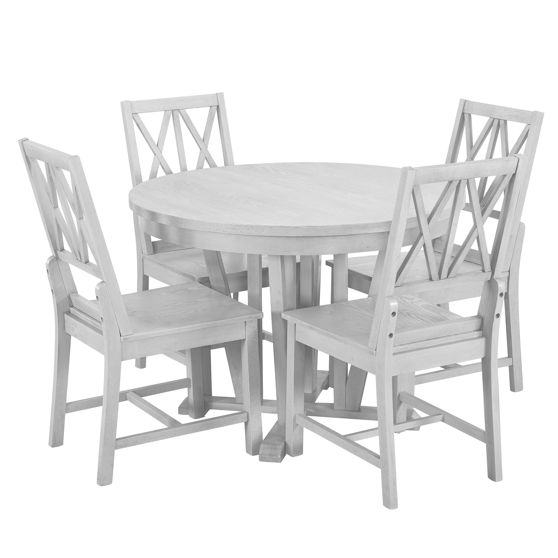 Rustic 5 Piece Extendable Dining Table Set Round Trestle Table And 4 Cross Back Dining Chairs For Kitchen, Dining Room, Gray Gray Wood Dining Room Solid Wood Rubberwood Round Dining Table With Chair Wood Wood Gray Solid Back Seats 4 Removable Leaf