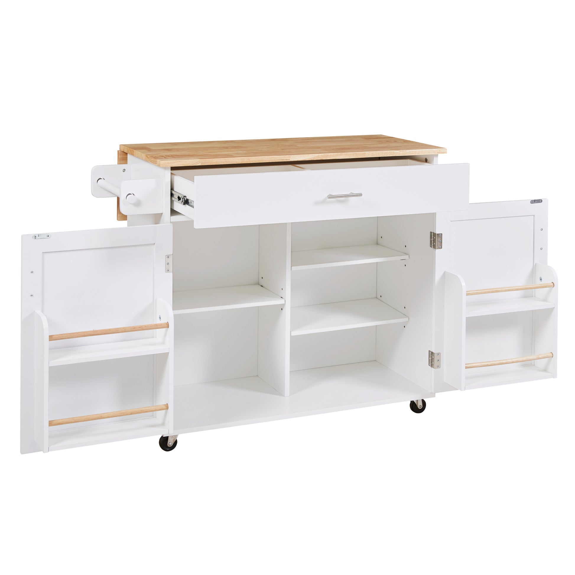 K&K Rolling Kitchen Island With Storage, Kitchen Cart With Rubber Wood Top, Spacious Drawer With Divider And Internal Storage Rack, Kitchen Island On Wheels With Adjustable Shelf Tower Rack, White White Kitchen Classic,European,Modern Rectangular Kitchen