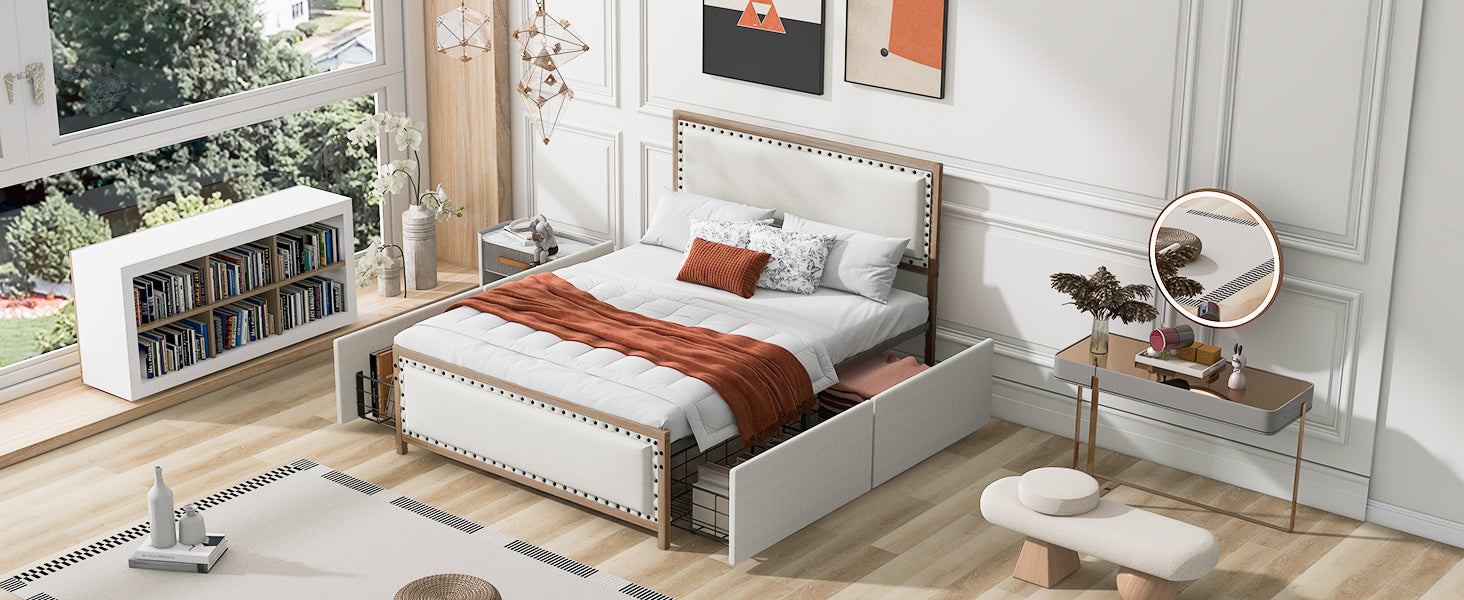 Queen Size Upholstered Platform Bed With Decoration And 4 Drawers, Brown Box Spring Not Required Queen Brown Metal Bedroom Bed Frame Linen Upholstered