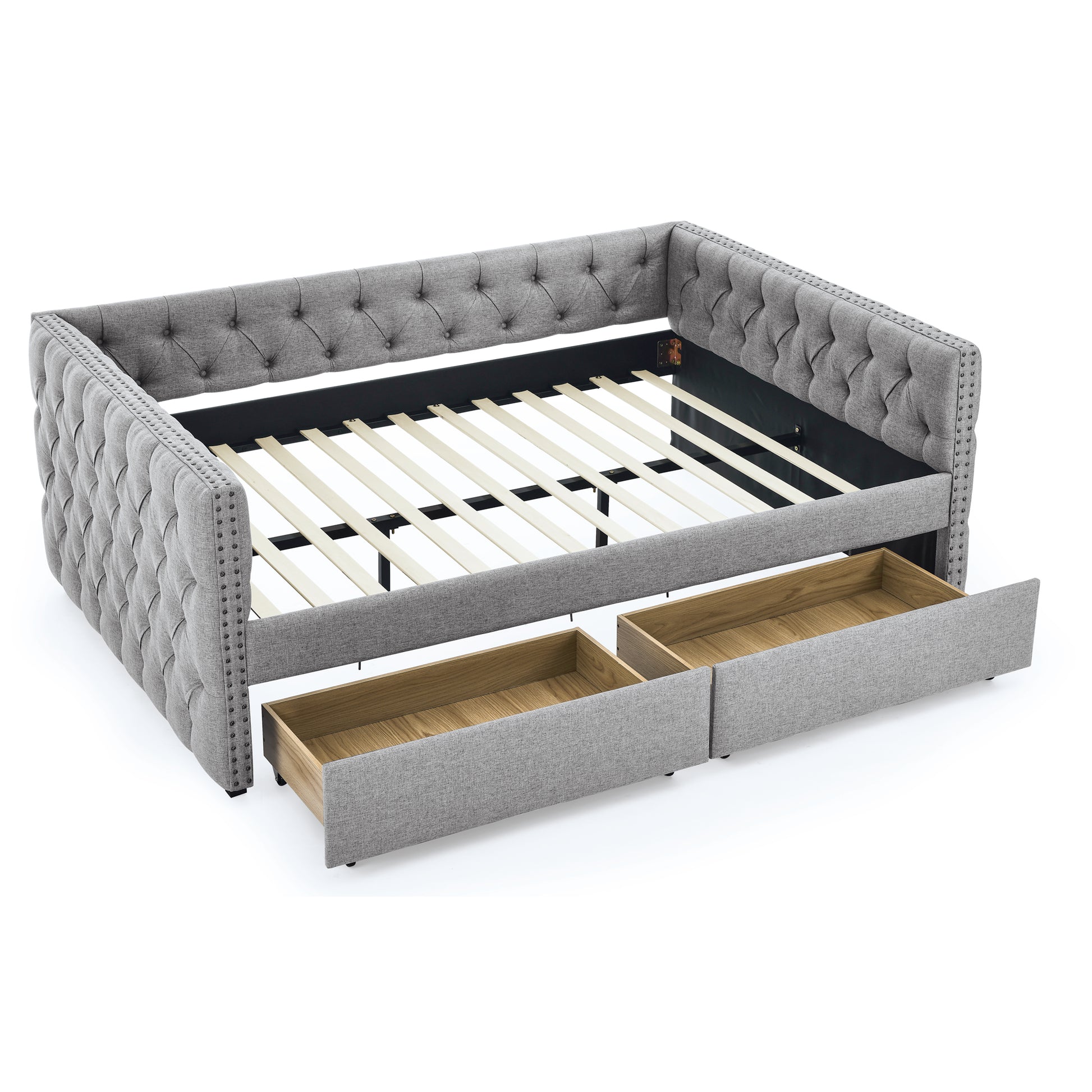 Upholstered Full Size Daybed With Two Drawers, With Button And Copper Nail On Square Arms, Grey 82.75''X58''X30.75'' Box Spring Not Required Full Grey Composite Bedroom Classic,Contemporary,Luxury,Modern,Traditional Linen Linen