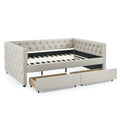 Upholstered Full Size Daybed With Two Drawers, With Button And Copper Nail On Square Arms, Beige 82.75''X58''X30.75'' Box Spring Not Required Full Beige Composite Bedroom