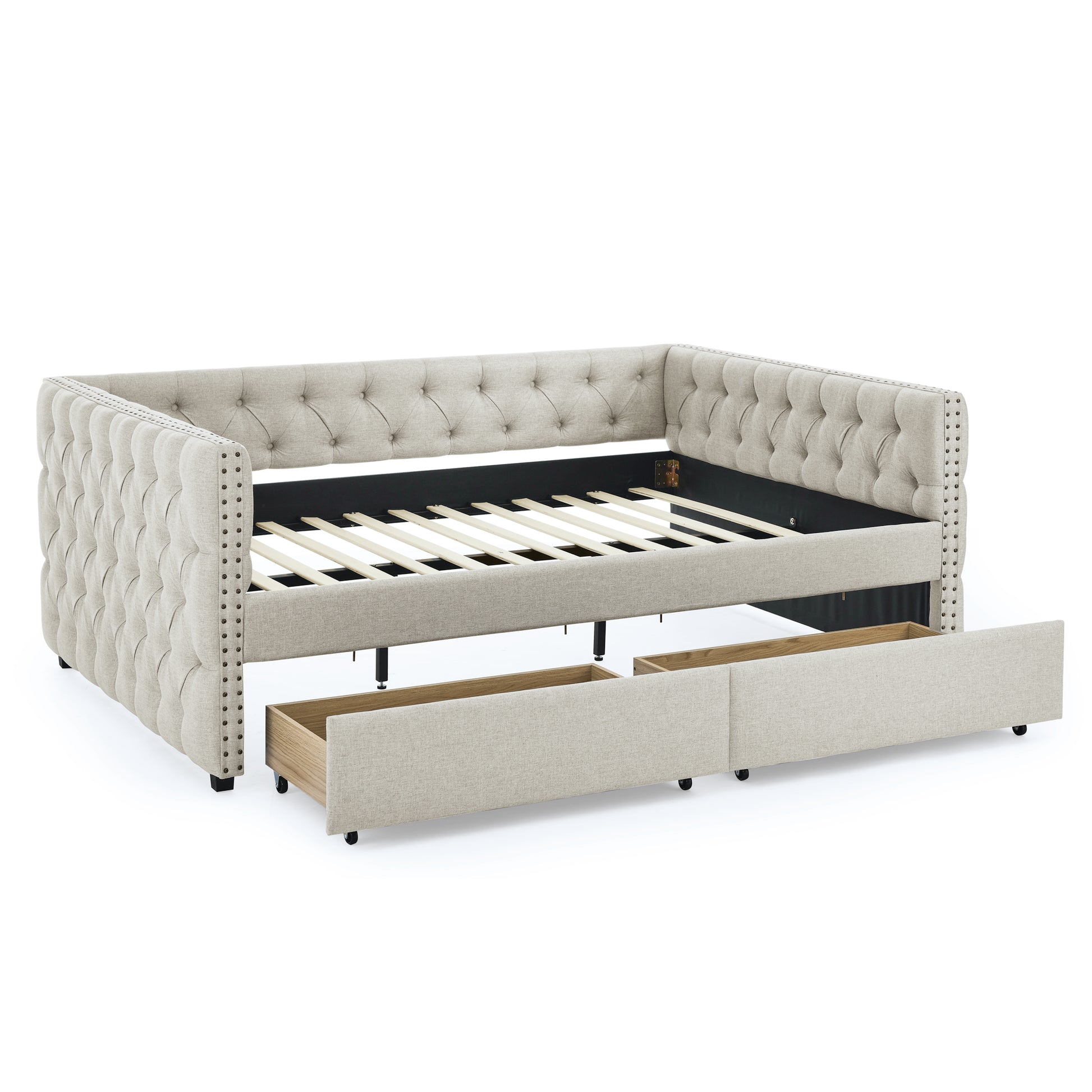 Upholstered Full Size Daybed With Two Drawers, With Button And Copper Nail On Square Arms, Beige 82.75''X58''X30.75'' Box Spring Not Required Full Beige Composite Bedroom