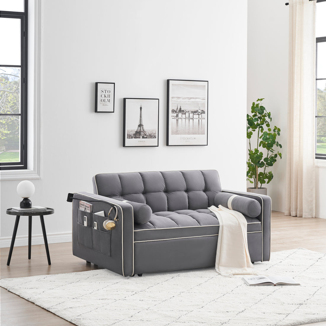 Sleeper Sofa Couch W Pull Out Bed, 55" Modern Velvet Convertible Sleeper Sofa Bed, Small Beautiful Seat Sofa Bed W Pillows & Side Pockets For Small Space, Living Room, Apartment,Gray Gray Velvet