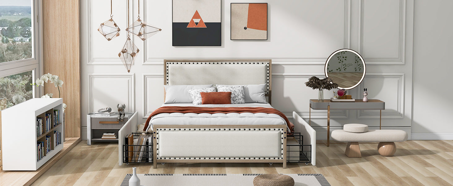 Queen Size Upholstered Platform Bed With Decoration And 4 Drawers, Brown Box Spring Not Required Queen Brown Metal Bedroom Bed Frame Linen Upholstered