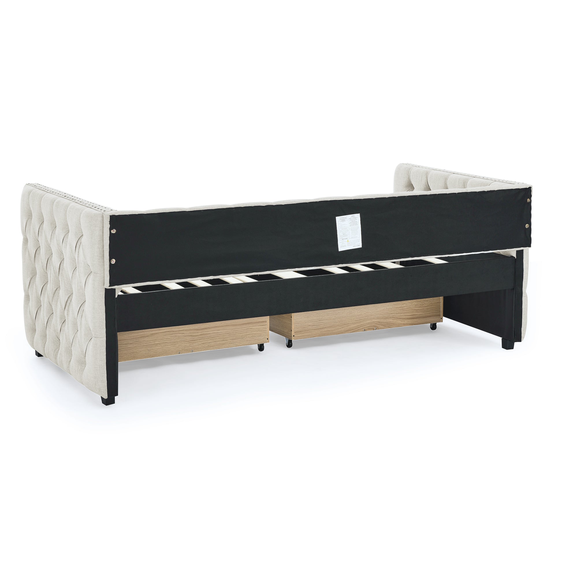 Upholstered Twin Size Daybed With Two Drawers, With Button And Copper Nail On Square Arms, Beige 82.75''X43''X30.75'' Box Spring Not Required Twin Beige Composite Bedroom Classic,Contemporary,Luxury,Modern,Traditional Linen Linen