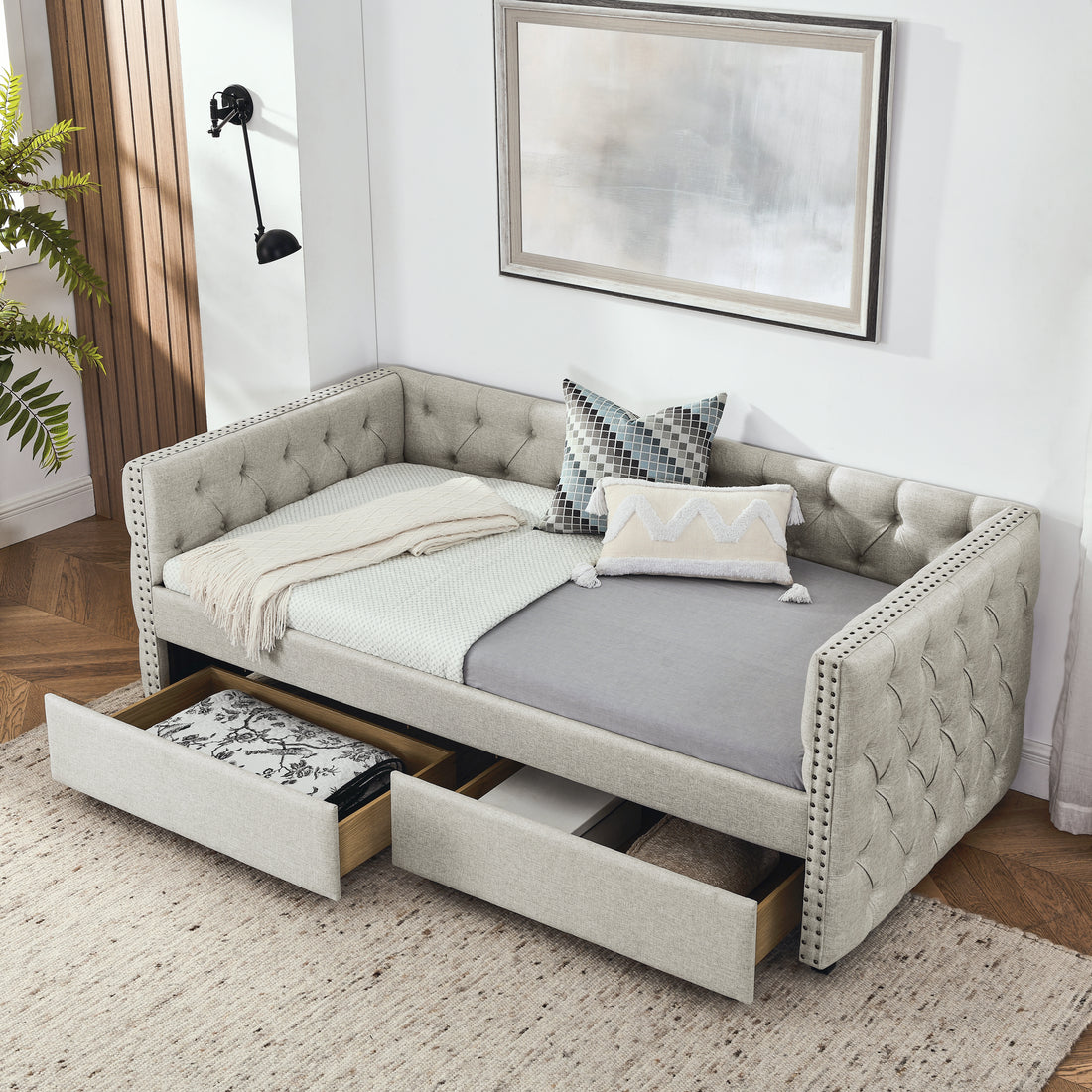 Upholstered Twin Size Daybed With Two Drawers, With Button And Copper Nail On Square Arms, Beige 82.75''X43''X30.75'' Box Spring Not Required Twin Beige Composite Bedroom Classic,Contemporary,Luxury,Modern,Traditional Linen Linen