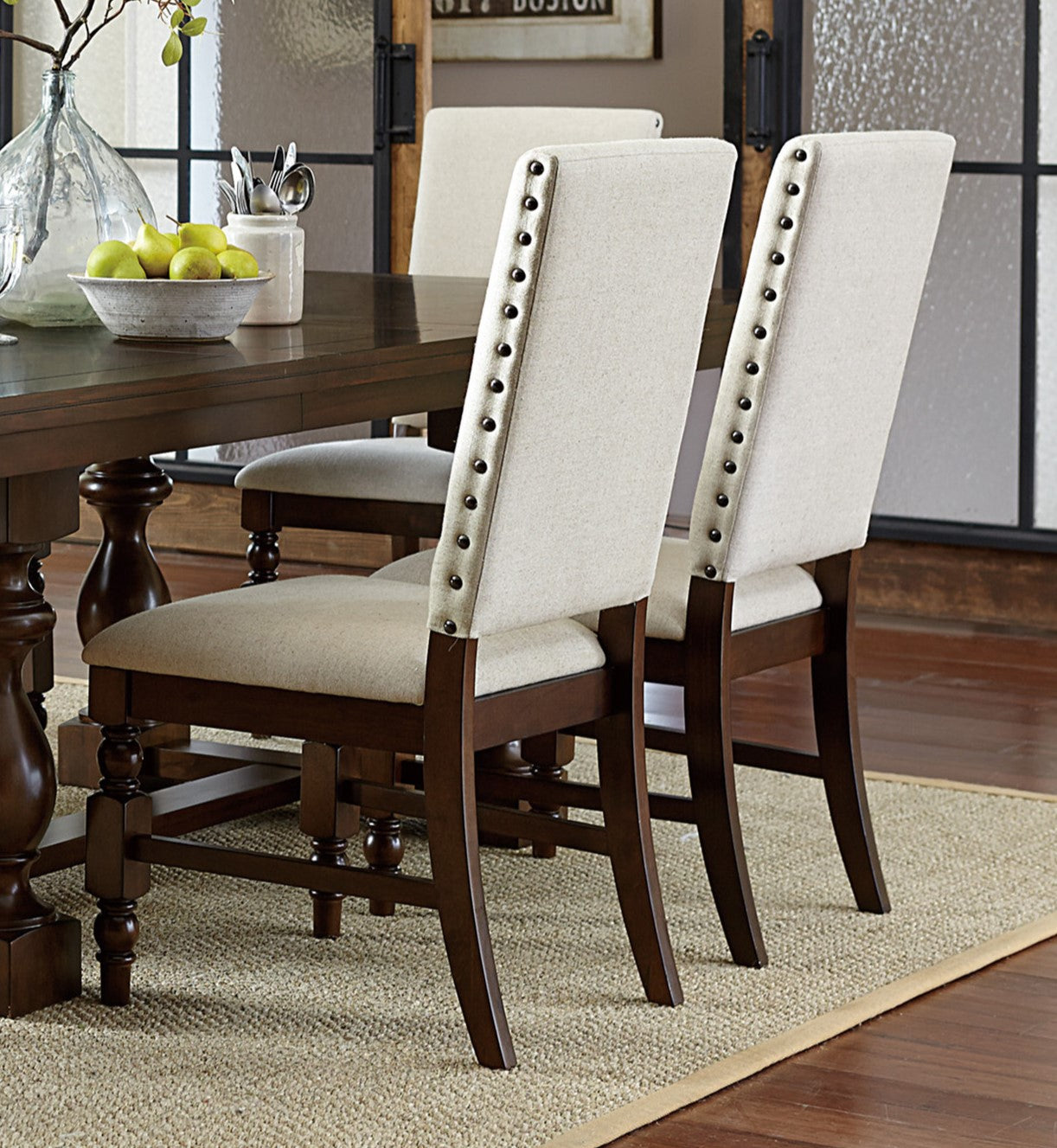 Modern 7Pc Dining Set Extendable Table And 6 Side Chairs Cream Upholstered Wooden Dining Furniture Dark Oak Finish Wood Wood Dark Oak Seats 6 Wood Dining Room Drop Leaf Extendable Trestle Rectangular Dining Table With Chair Wood