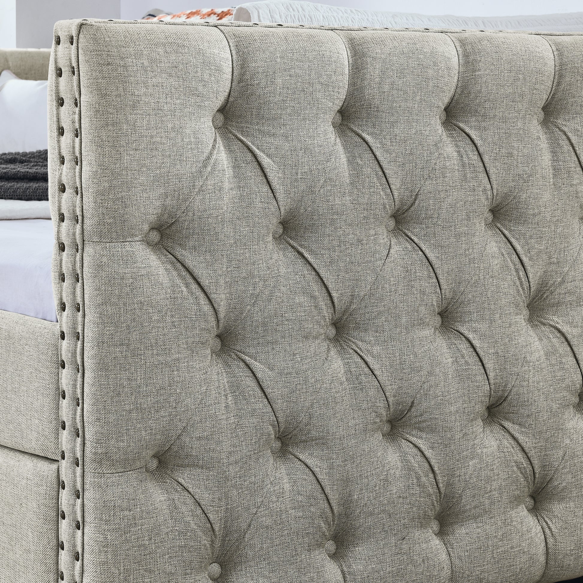 Upholstered Full Size Daybed With Two Drawers, With Button And Copper Nail On Square Arms, Beige 82.75''X58''X30.75'' Box Spring Not Required Full Beige Composite Bedroom