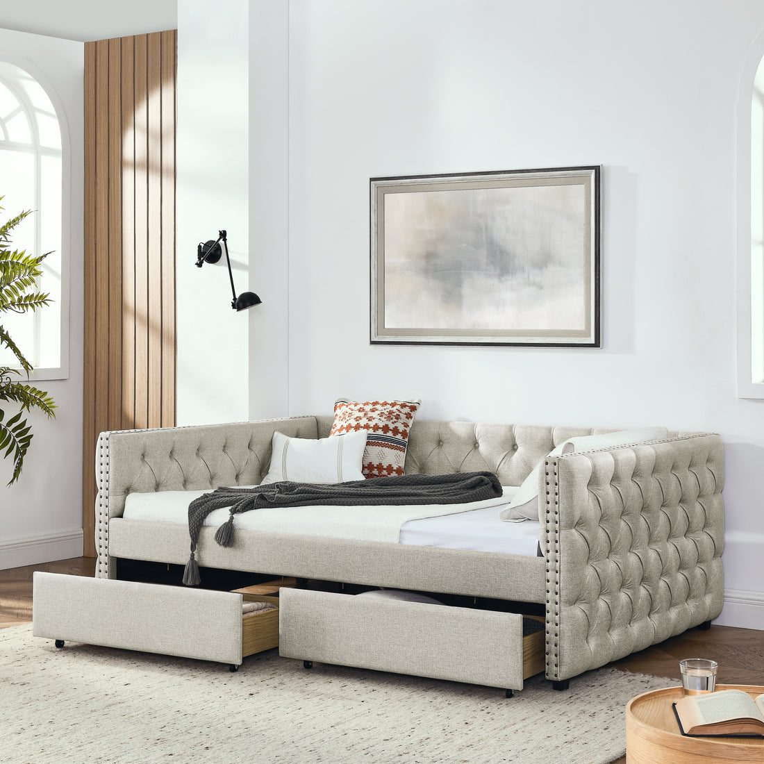 Upholstered Full Size Daybed With Two Drawers, With Button And Copper Nail On Square Arms, Beige 82.75''X58''X30.75'' Box Spring Not Required Full Beige Composite Bedroom