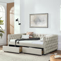 Upholstered Full Size Daybed With Two Drawers, With Button And Copper Nail On Square Arms, Beige 82.75''X58''X30.75'' Box Spring Not Required Full Beige Composite Bedroom