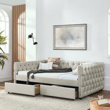 Upholstered Full Size Daybed With Two Drawers, With Button And Copper Nail On Square Arms, Beige 82.75''X58''X30.75'' Box Spring Not Required Full Beige Composite Bedroom