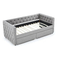 Upholstered Twin Size Daybed With Two Drawers, With Button And Copper Nail On Square Arms, Grey 82.75''X43''X30.75'' Box Spring Not Required Twin Grey Composite Bedroom Classic,Contemporary,Luxury,Modern,Traditional Linen Linen