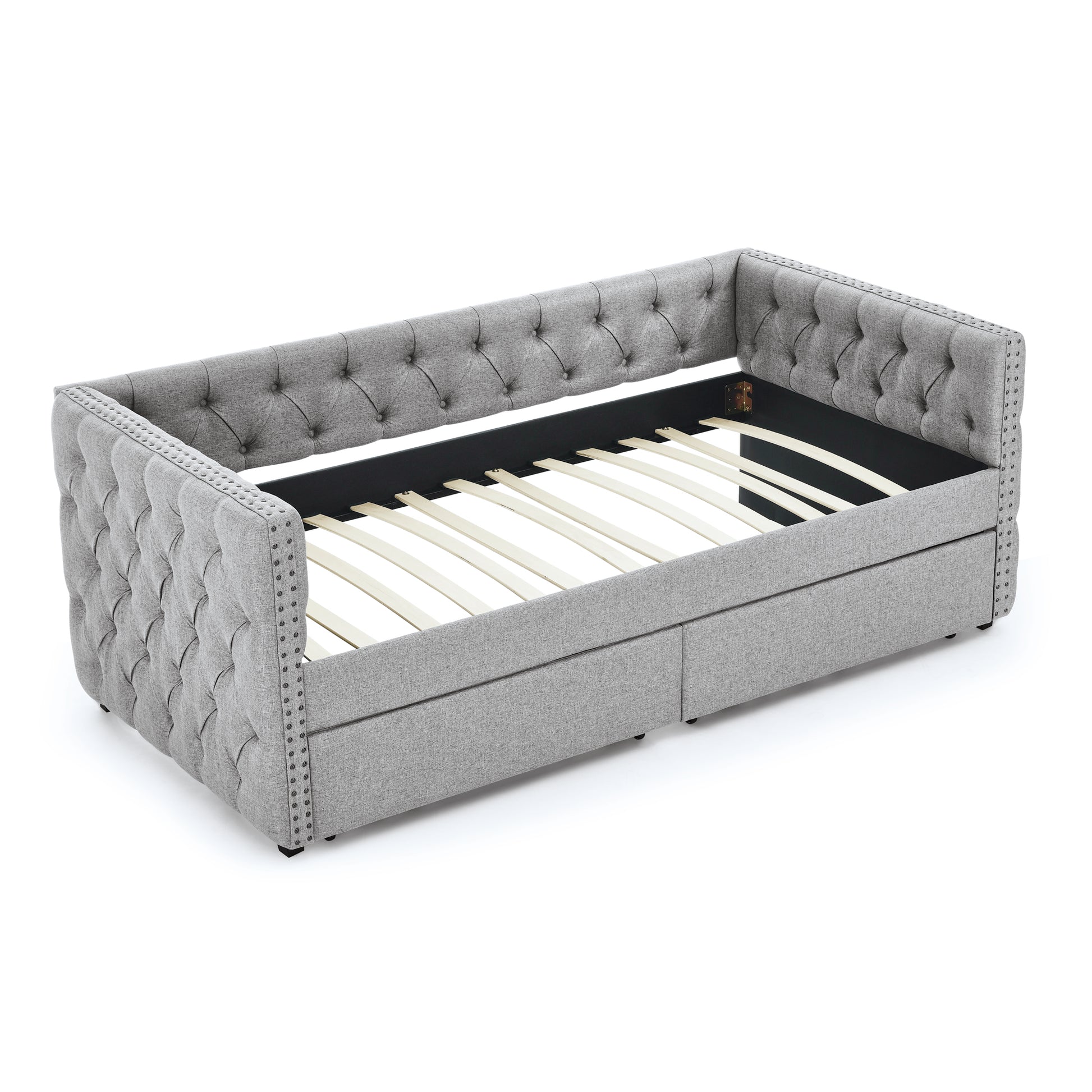 Upholstered Twin Size Daybed With Two Drawers, With Button And Copper Nail On Square Arms, Grey 82.75''X43''X30.75'' Box Spring Not Required Twin Grey Composite Bedroom Classic,Contemporary,Luxury,Modern,Traditional Linen Linen
