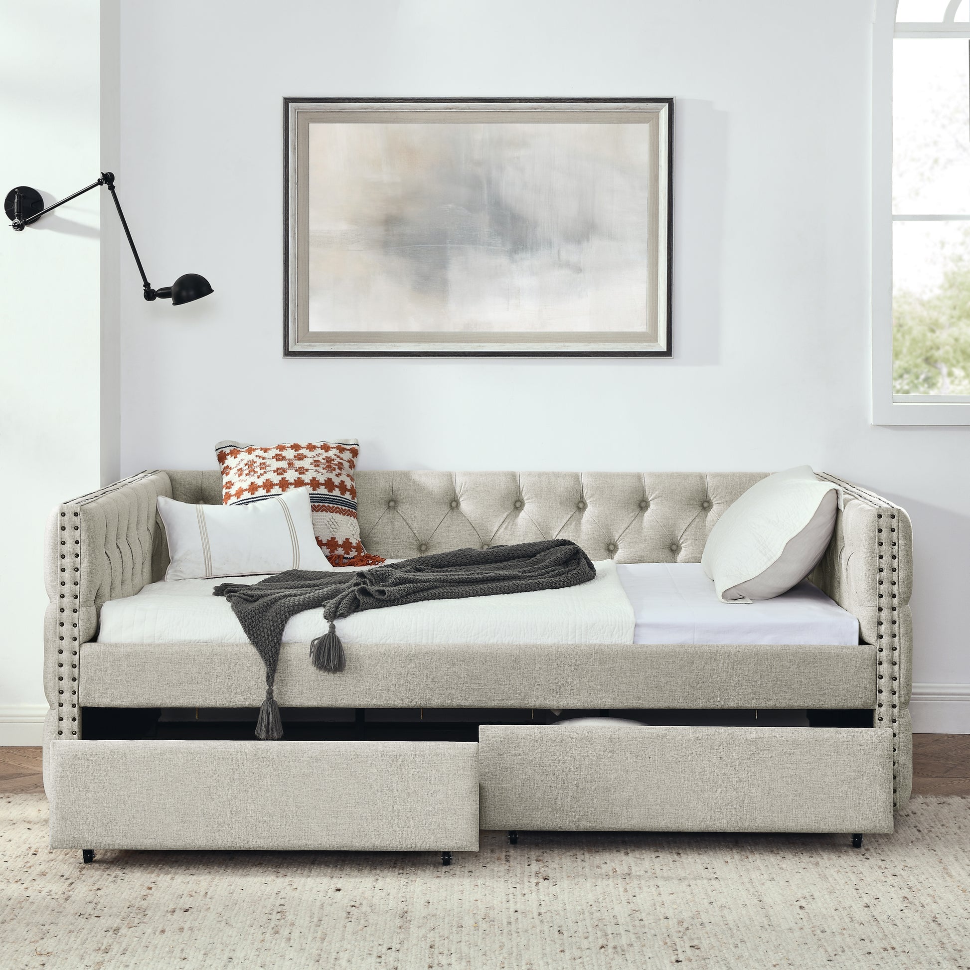 Upholstered Full Size Daybed With Two Drawers, With Button And Copper Nail On Square Arms, Beige 82.75''X58''X30.75'' Box Spring Not Required Full Beige Composite Bedroom