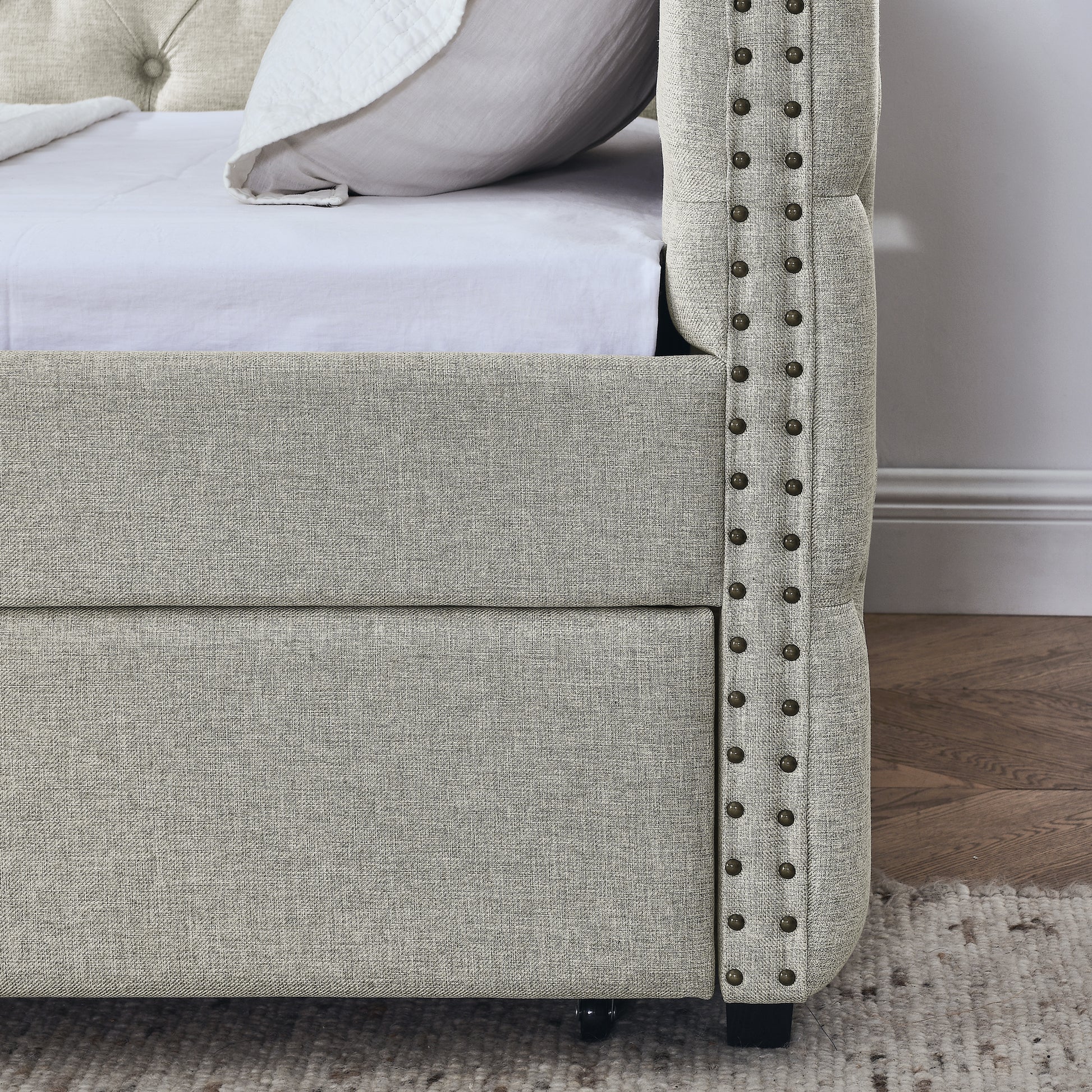 Upholstered Full Size Daybed With Two Drawers, With Button And Copper Nail On Square Arms, Beige 82.75''X58''X30.75'' Box Spring Not Required Full Beige Composite Bedroom