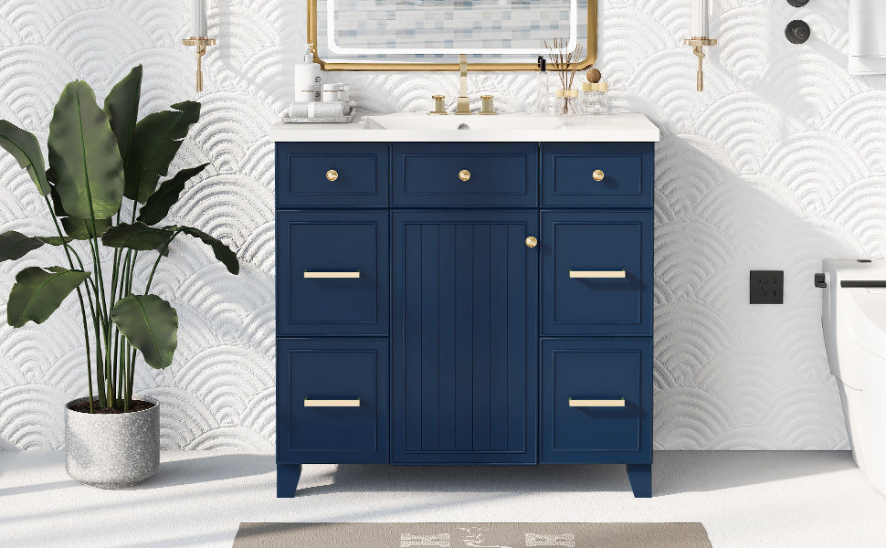 36" Bathroom Vanity Cabinet With Sink Top Combo Set, Navy Blue, Single Sink, Shaker Cabinet With Soft Closing Door And Drawer Navy Blue Solid Wood Mdf Resin