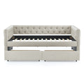 Upholstered Twin Size Daybed With Two Drawers, With Button And Copper Nail On Square Arms, Beige 82.75''X43''X30.75'' Box Spring Not Required Twin Beige Composite Bedroom Classic,Contemporary,Luxury,Modern,Traditional Linen Linen