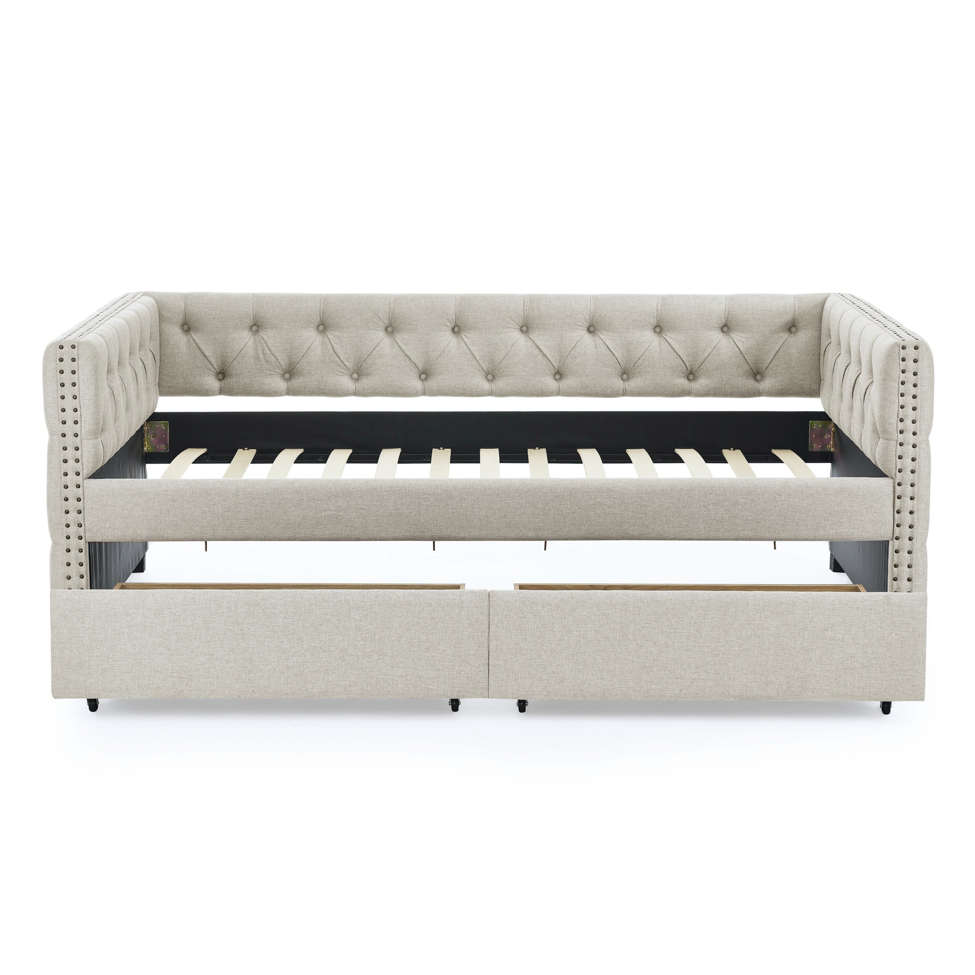 Upholstered Twin Size Daybed With Two Drawers, With Button And Copper Nail On Square Arms, Beige 82.75''X43''X30.75'' Box Spring Not Required Twin Beige Composite Bedroom Classic,Contemporary,Luxury,Modern,Traditional Linen Linen
