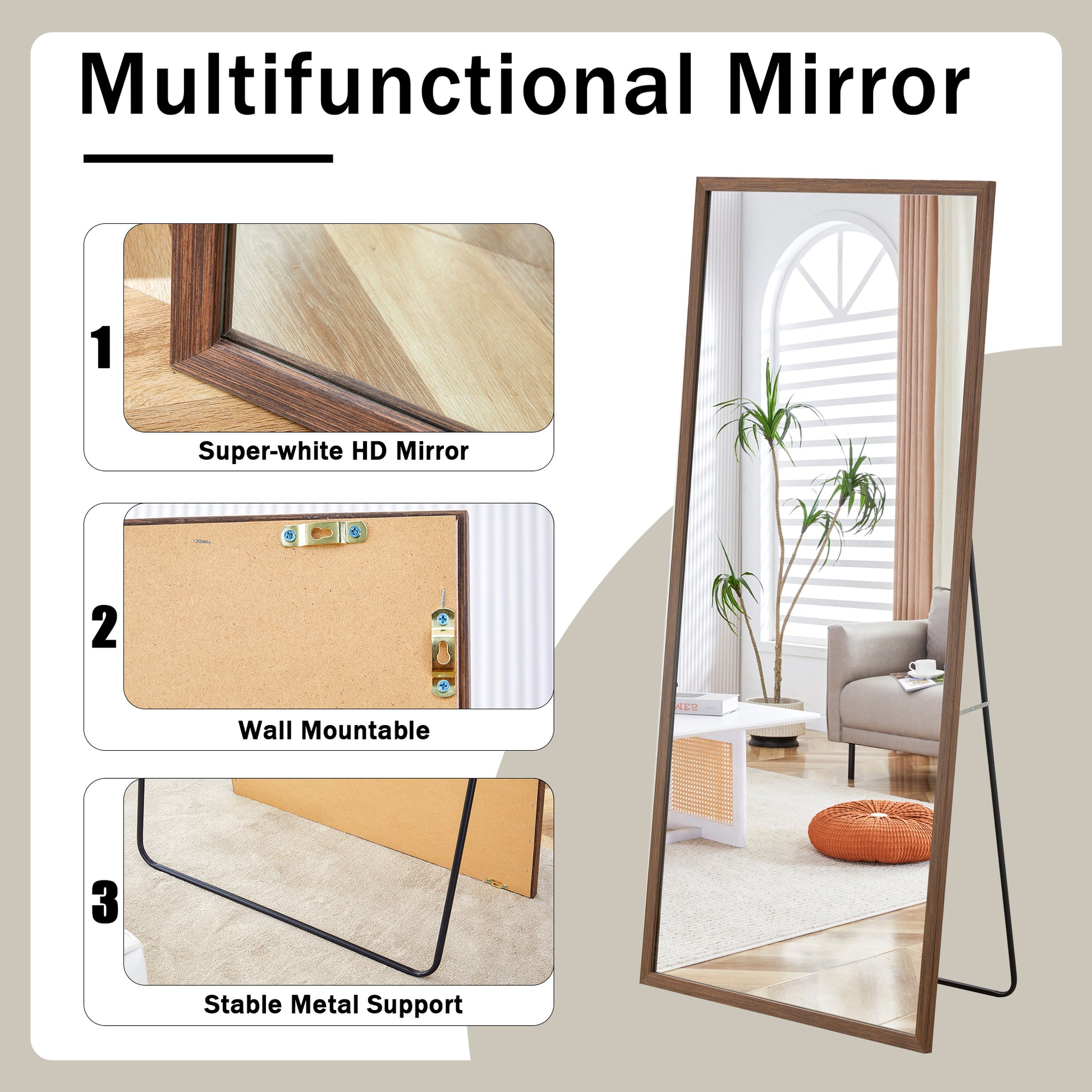 Fourth Generation Solid Wood Frame Full Length Mirror, Dressing Mirror, Bedroom Porch, Decorative Mirror, Clothing Store, Floor Standing Large Mirror, Wall Mounted. 71 "* 31.5" Brown Glass