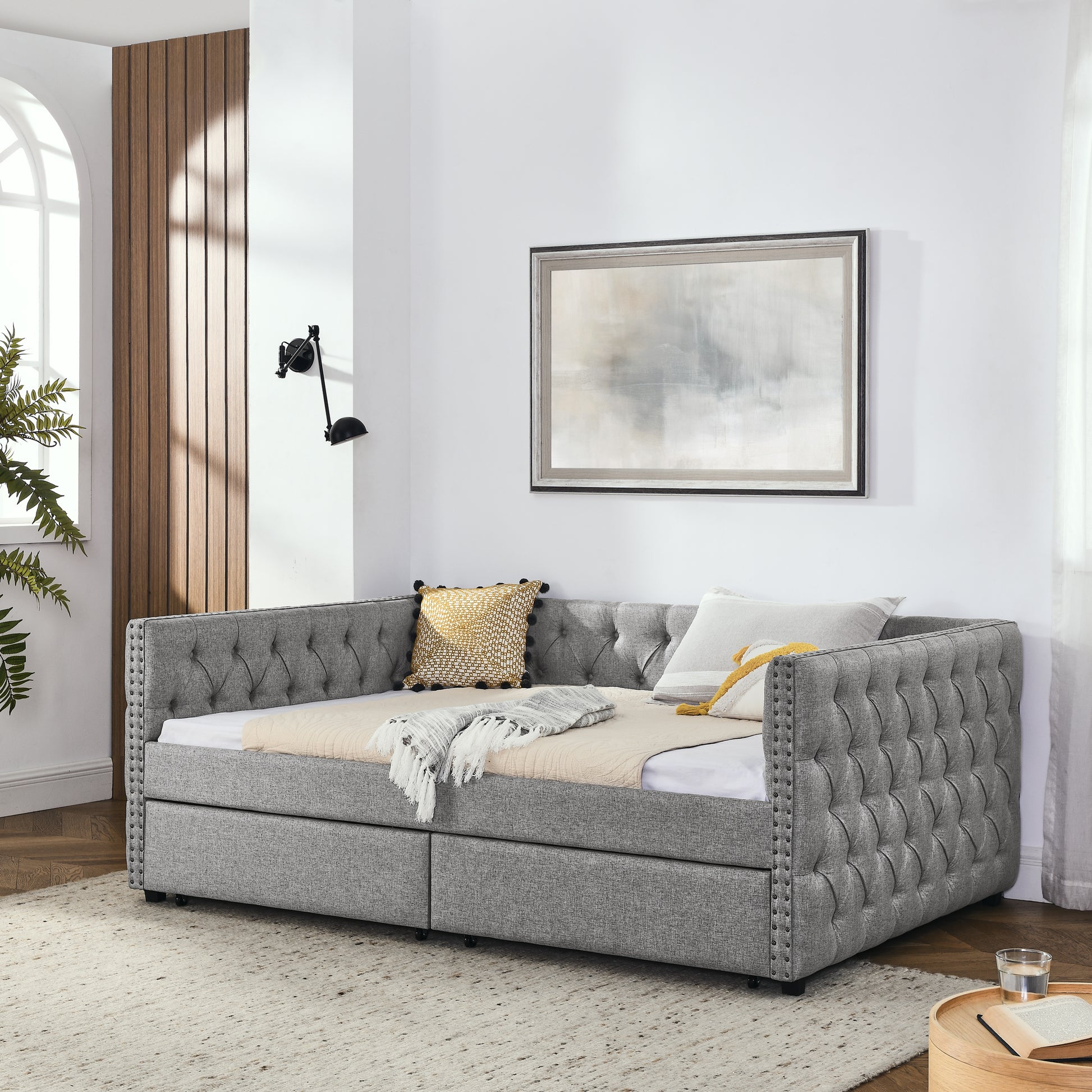 Upholstered Full Size Daybed With Two Drawers, With Button And Copper Nail On Square Arms, Grey 82.75''X58''X30.75'' Box Spring Not Required Full Grey Composite Bedroom Classic,Contemporary,Luxury,Modern,Traditional Linen Linen