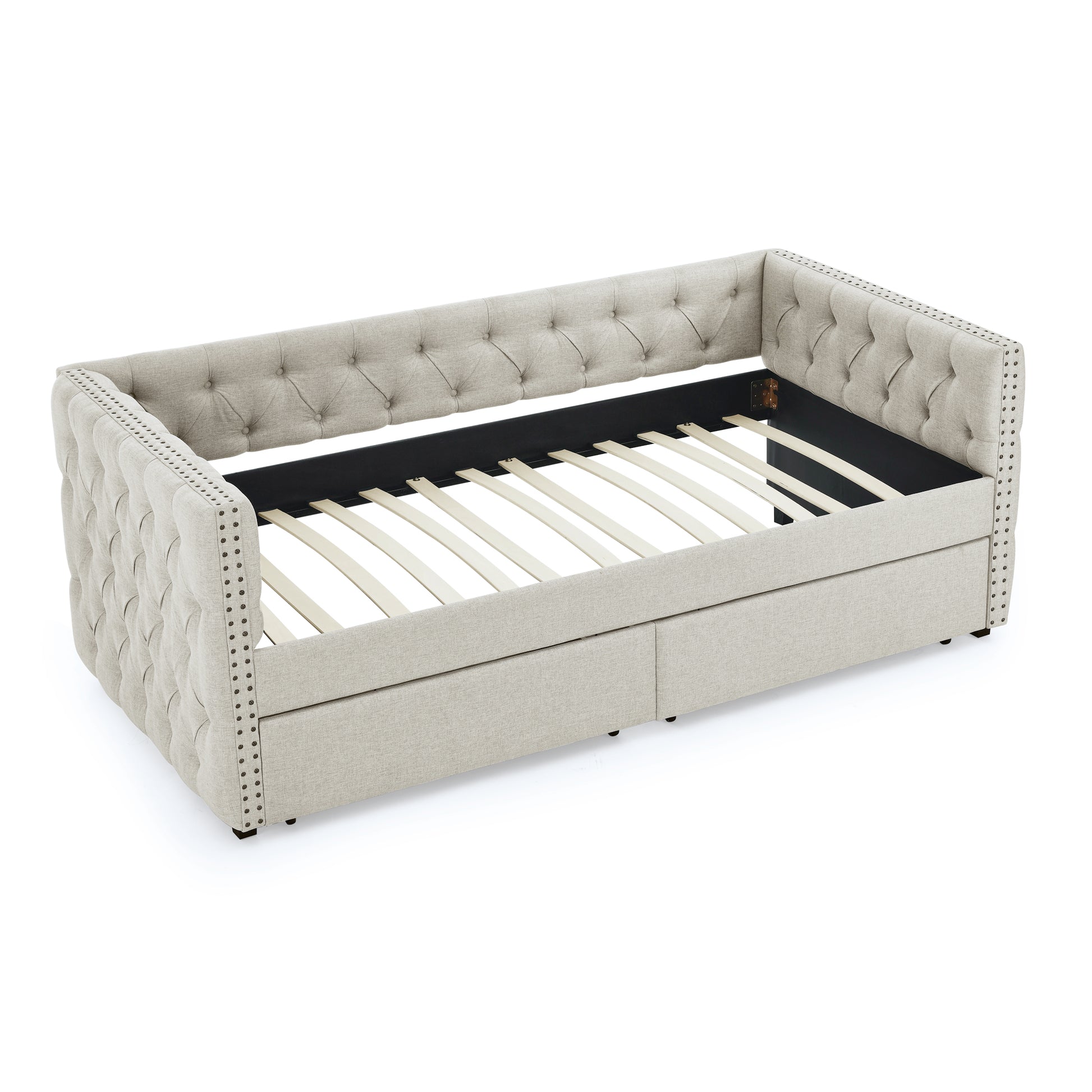 Upholstered Twin Size Daybed With Two Drawers, With Button And Copper Nail On Square Arms, Beige 82.75''X43''X30.75'' Box Spring Not Required Twin Beige Composite Bedroom Classic,Contemporary,Luxury,Modern,Traditional Linen Linen