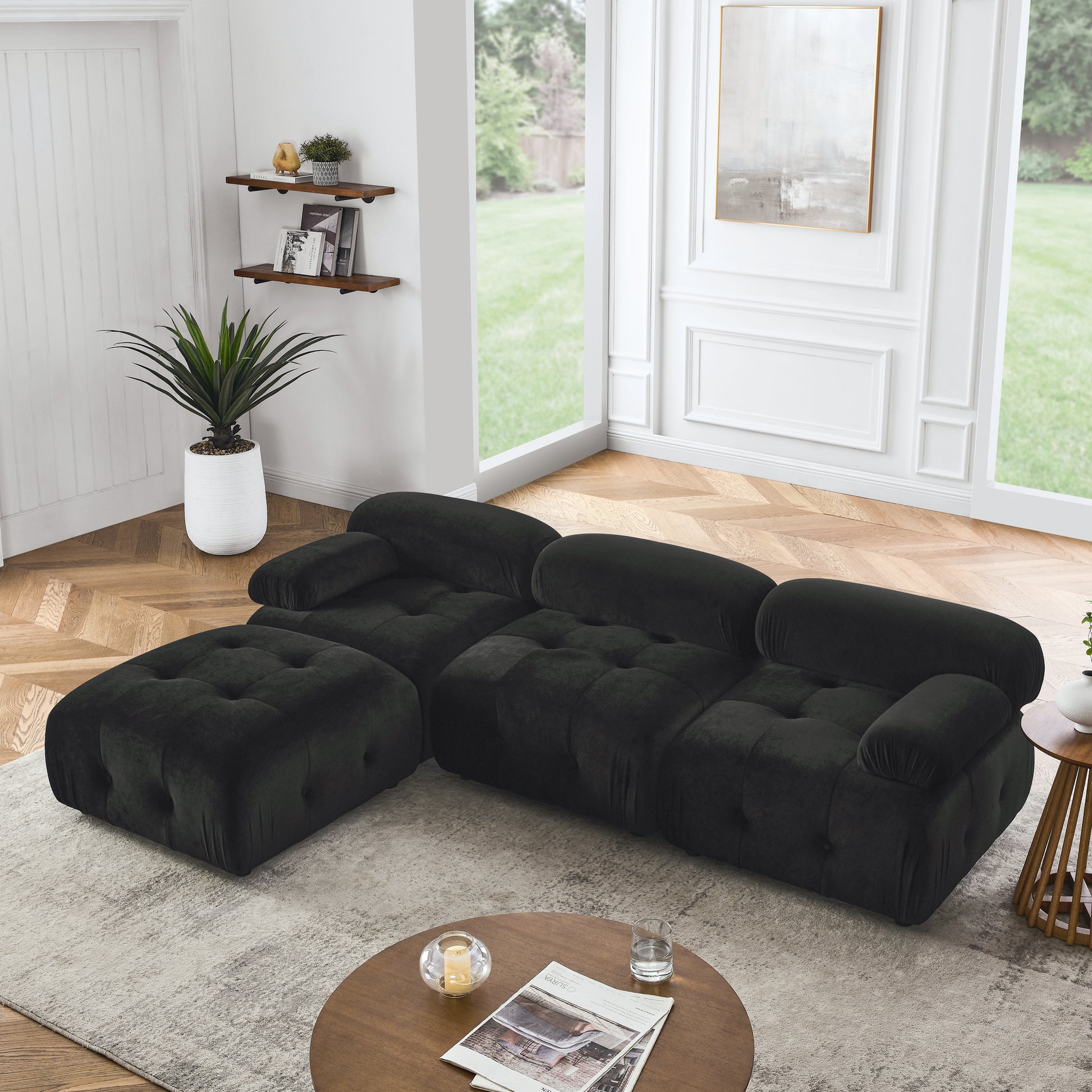 Modular Sectional Sofa, Button Tufted Designed And Diy Combination,L Shaped Couch With Reversible Ottoman, Black Velvet Black Velvet Wood Soft Tight Back Eucalyptus Pillow Top Arms Foam Spring