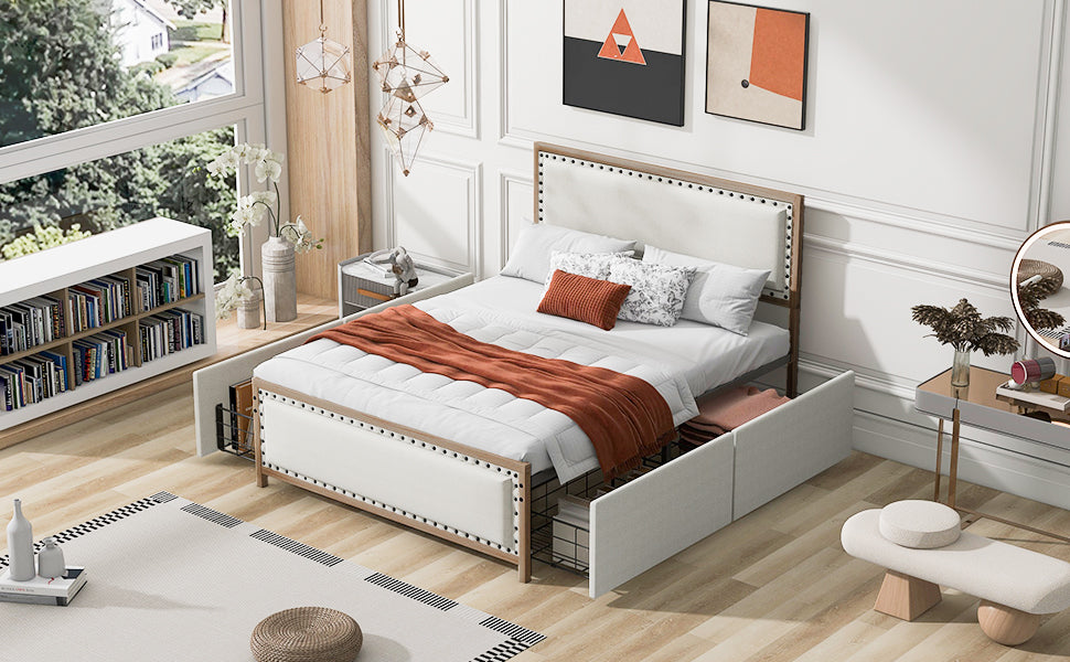 Queen Size Upholstered Platform Bed With Decoration And 4 Drawers, Brown Box Spring Not Required Queen Brown Metal Bedroom Bed Frame Linen Upholstered