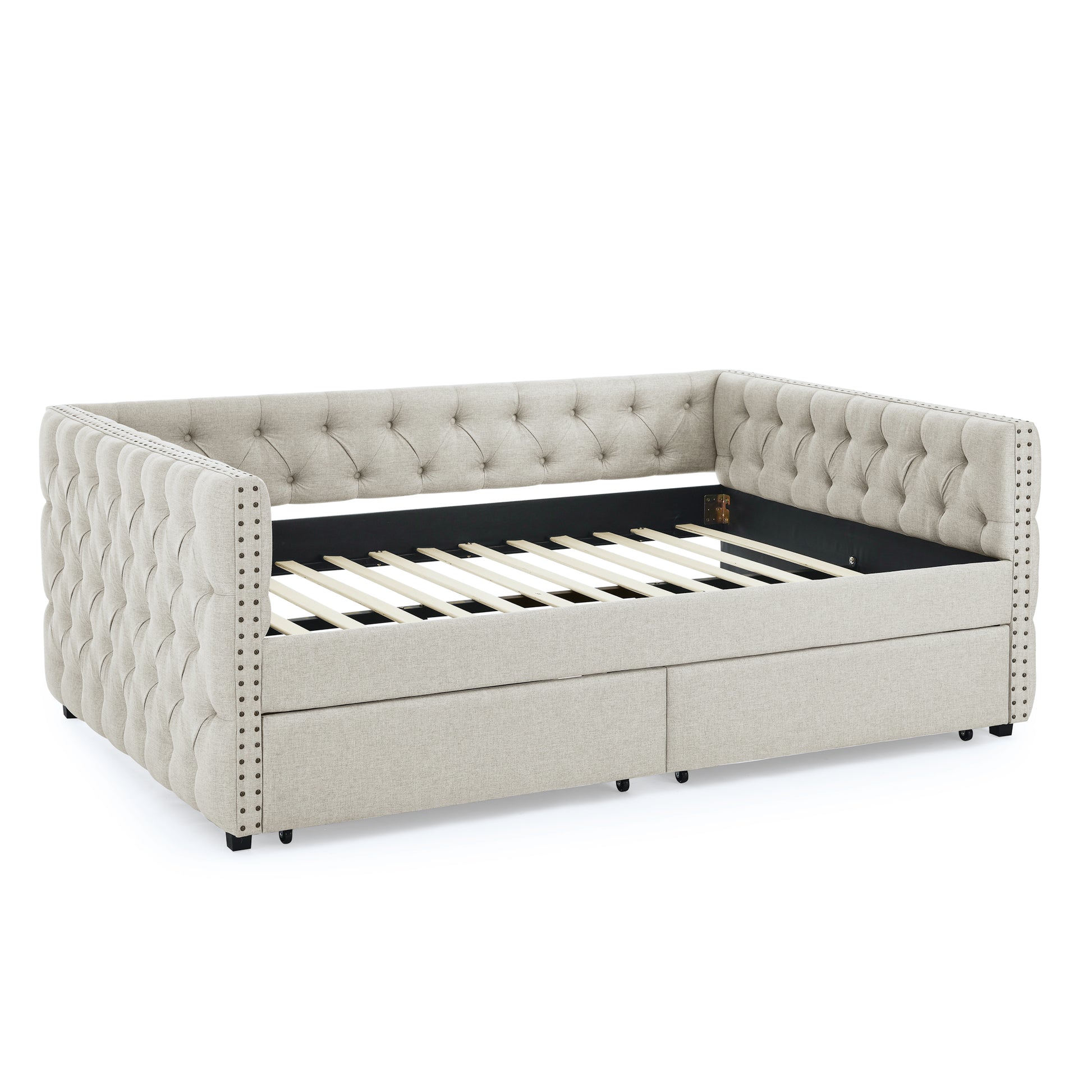 Upholstered Full Size Daybed With Two Drawers, With Button And Copper Nail On Square Arms, Beige 82.75''X58''X30.75'' Box Spring Not Required Full Beige Composite Bedroom