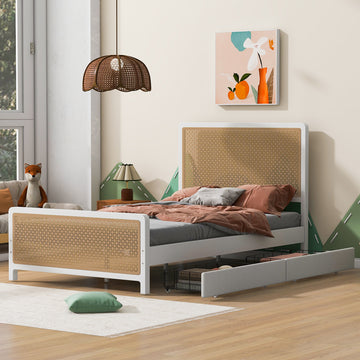 Full Size Metal Platform Bed With 2 Drawers, White Box Spring Not Required Full White Bedroom Bed Frame Metal