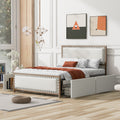 Queen Size Upholstered Platform Bed With Decoration And 4 Drawers, Brown Box Spring Not Required Queen Brown Metal Bedroom Bed Frame Linen Upholstered