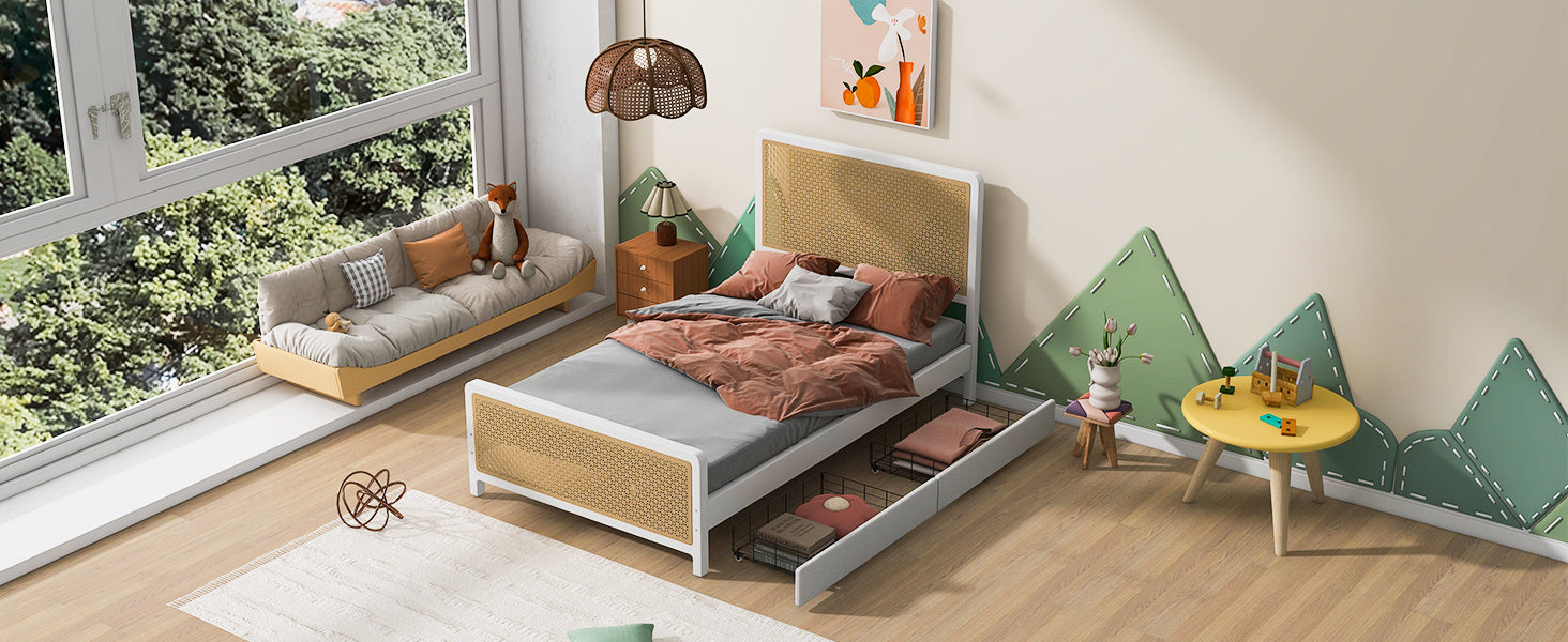 Full Size Metal Platform Bed With 2 Drawers, White Box Spring Not Required Full White Bedroom Bed Frame Metal