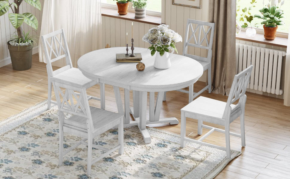 Rustic 5 Piece Extendable Dining Table Set Round Trestle Table And 4 Cross Back Dining Chairs For Kitchen, Dining Room, Gray Gray Wood Dining Room Solid Wood Rubberwood Round Dining Table With Chair Wood Wood Gray Solid Back Seats 4 Removable Leaf