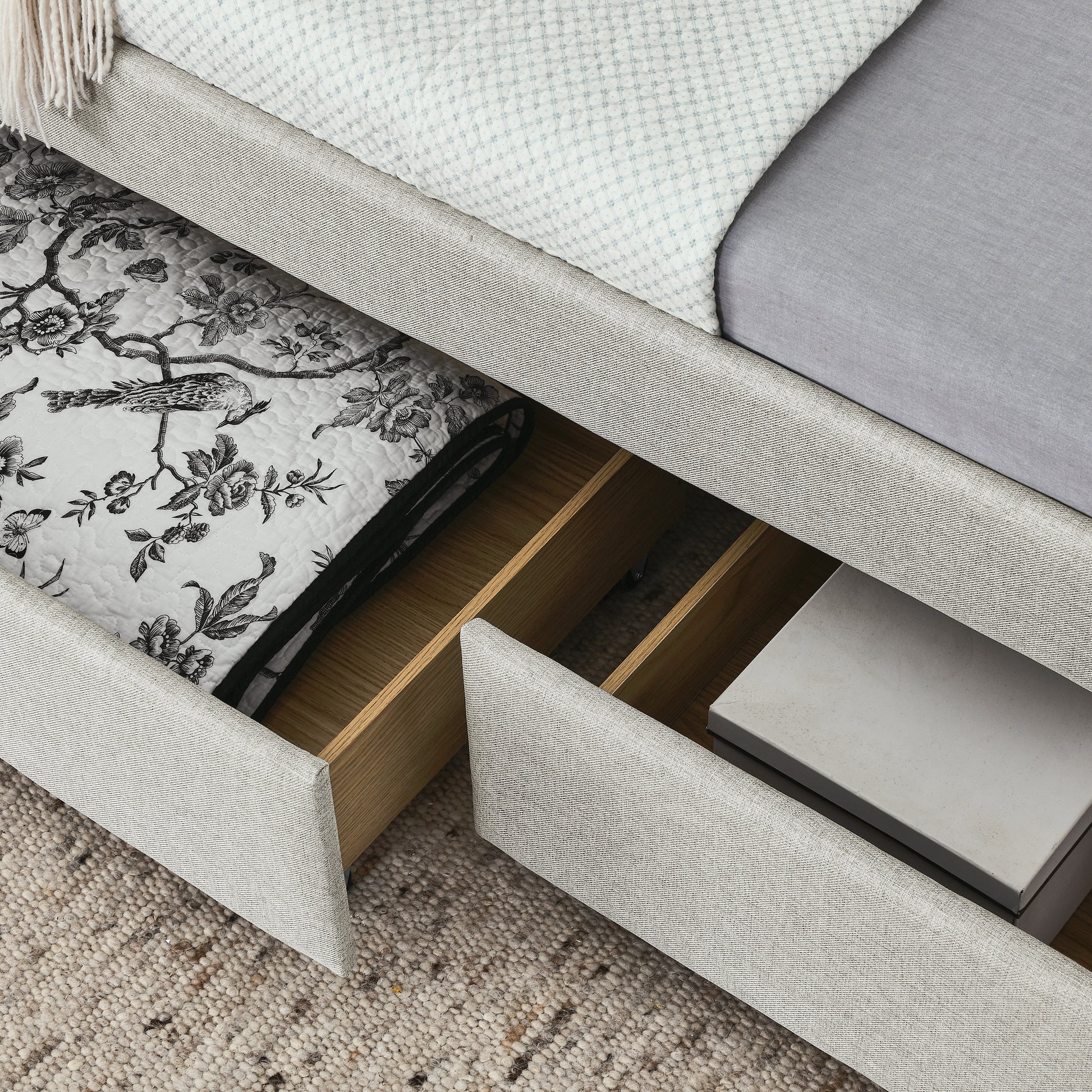Upholstered Twin Size Daybed With Two Drawers, With Button And Copper Nail On Square Arms, Beige 82.75''X43''X30.75'' Box Spring Not Required Twin Beige Composite Bedroom Classic,Contemporary,Luxury,Modern,Traditional Linen Linen