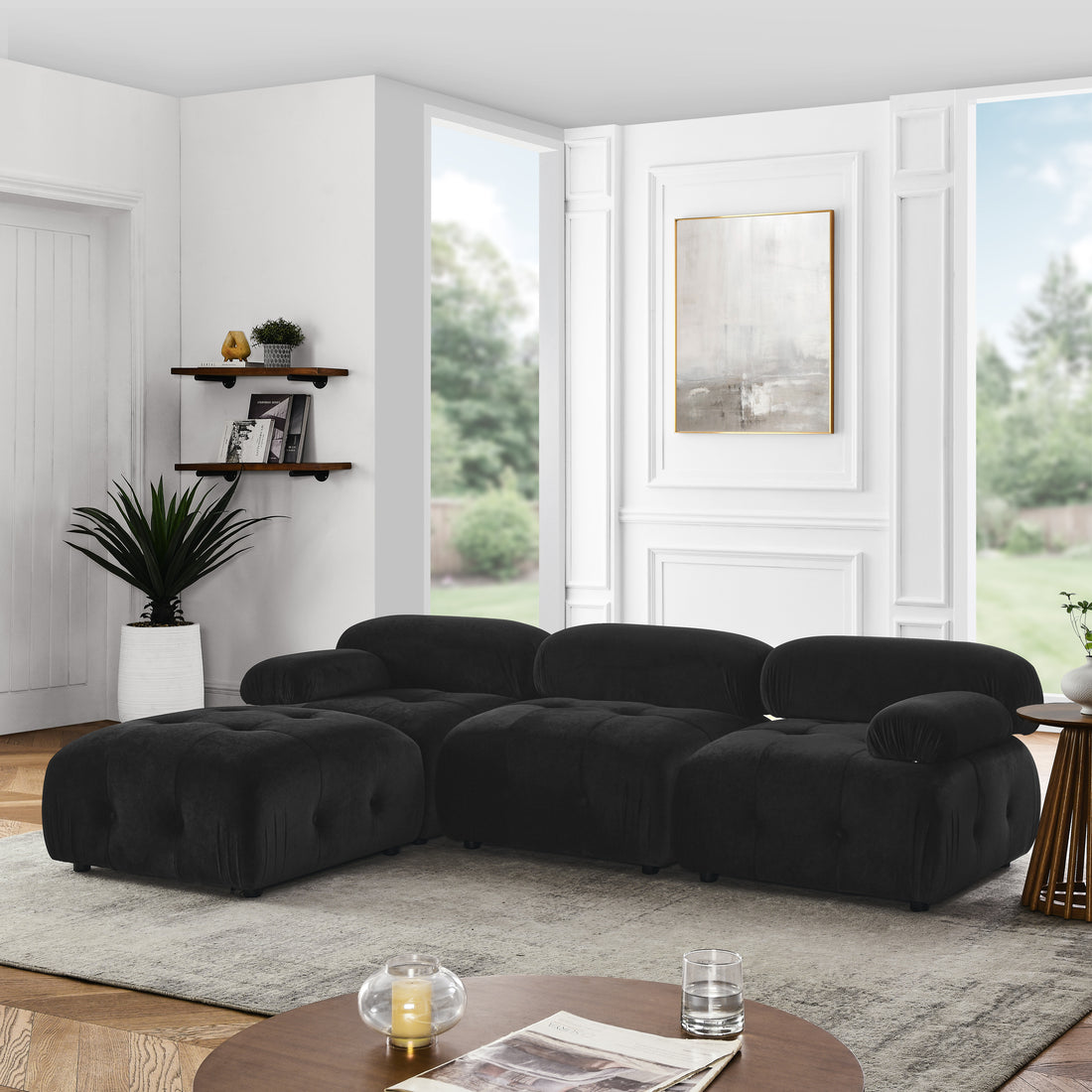 Modular Sectional Sofa, Button Tufted Designed And Diy Combination,L Shaped Couch With Reversible Ottoman, Black Velvet Black Velvet Wood Soft Tight Back Eucalyptus Pillow Top Arms Foam Spring