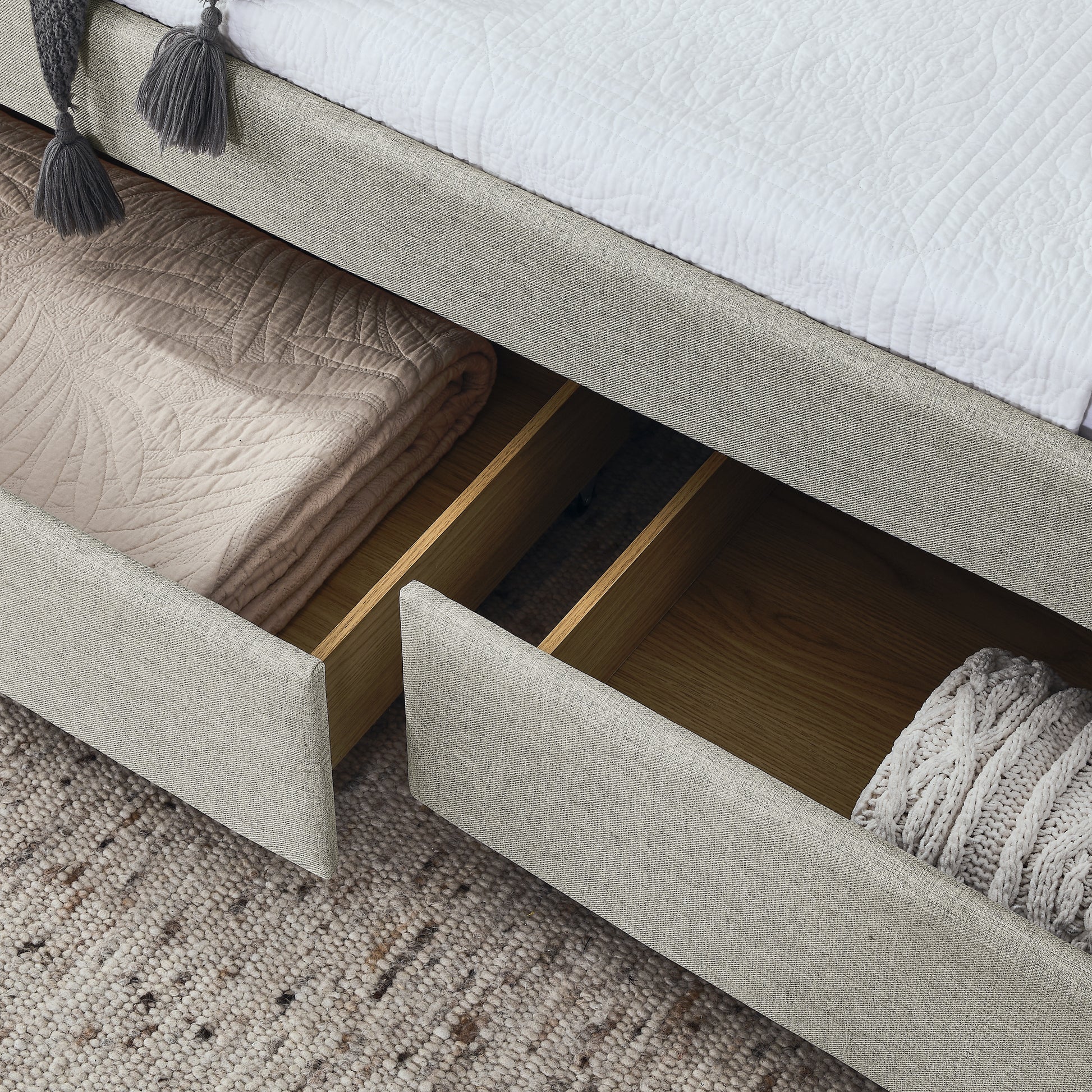Upholstered Full Size Daybed With Two Drawers, With Button And Copper Nail On Square Arms, Beige 82.75''X58''X30.75'' Box Spring Not Required Full Beige Composite Bedroom