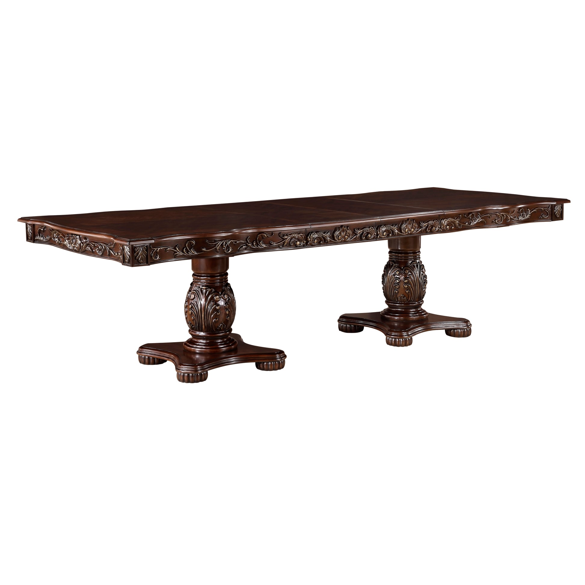 Traditional Style Dining Table With Extension Leaves Cherry Finish With Gold Tipping Double Pedestal Base Wooden Dining Furniture Cherry Dining Room American Traditional,Ornate Traditional,Traditional Kitchen & Dining Tables Wood Pedestal