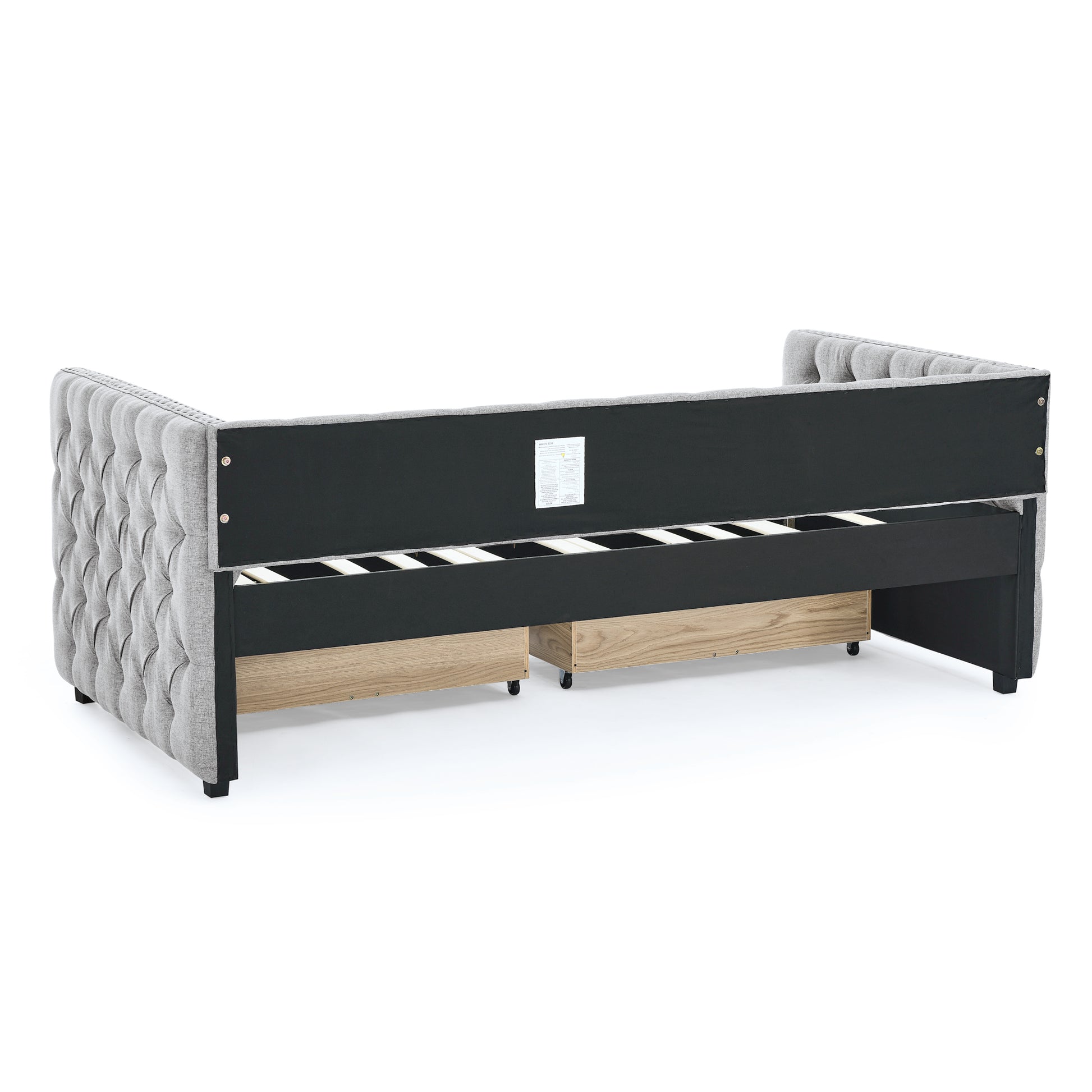 Upholstered Twin Size Daybed With Two Drawers, With Button And Copper Nail On Square Arms, Grey 82.75''X43''X30.75'' Box Spring Not Required Twin Grey Composite Bedroom Classic,Contemporary,Luxury,Modern,Traditional Linen Linen
