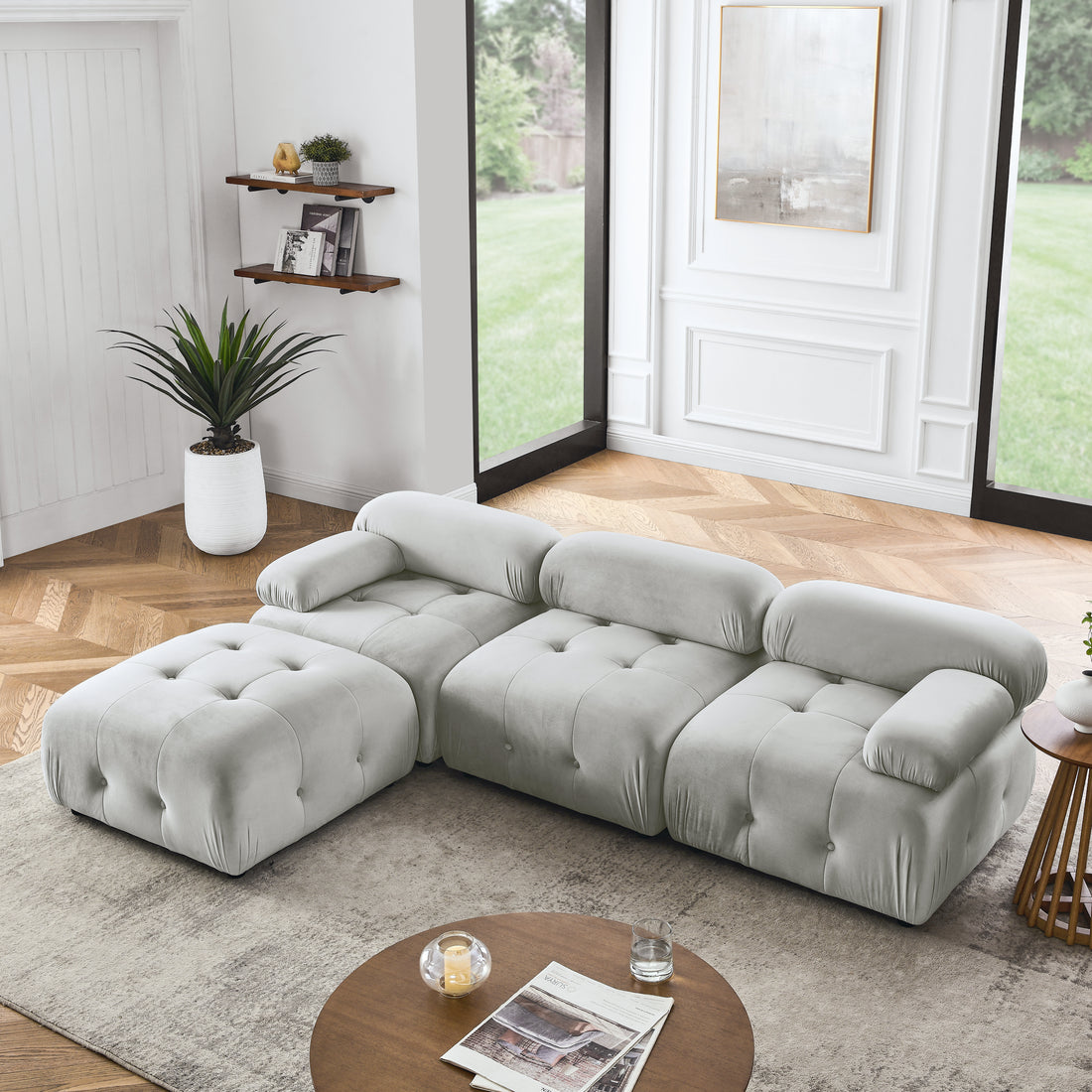 Modular Sectional Sofa, Button Tufted Designed And Diy Combination,L Shaped Couch With Reversible Ottoman, Grey Velvet Light Grey Velvet Wood Soft Tight Back Eucalyptus Pillow Top Arms Foam Spring