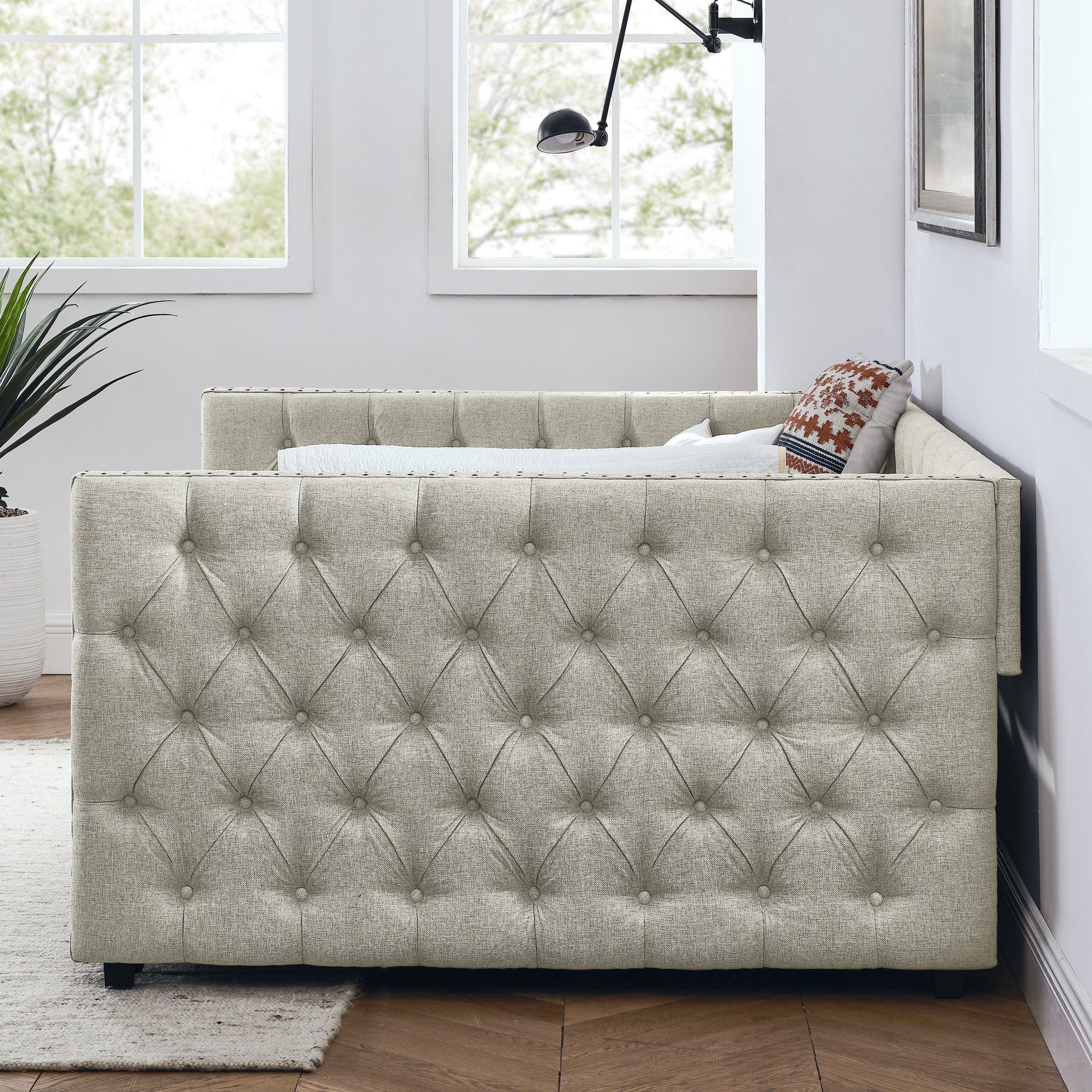 Upholstered Full Size Daybed With Two Drawers, With Button And Copper Nail On Square Arms, Beige 82.75''X58''X30.75'' Box Spring Not Required Full Beige Composite Bedroom