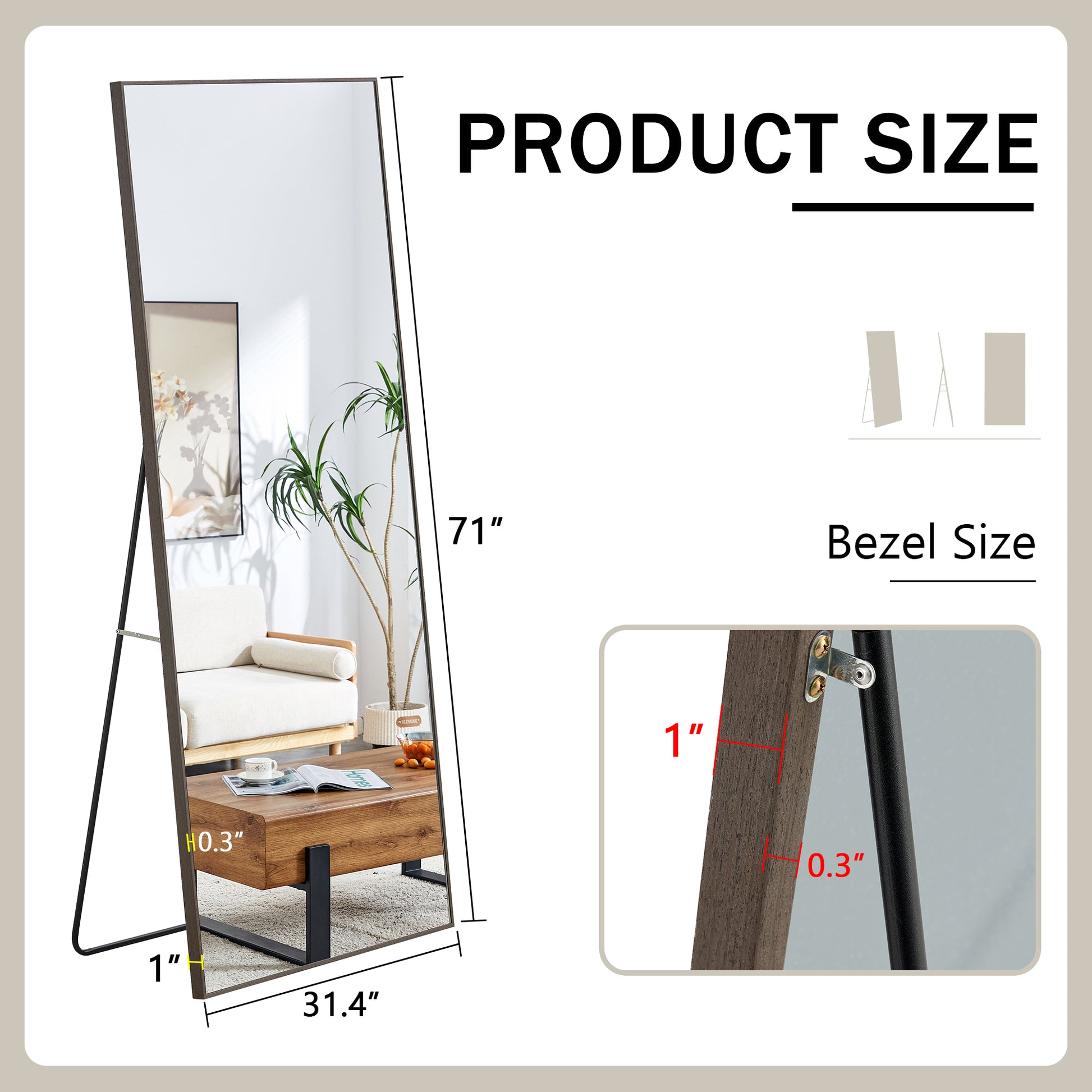 Fourth Generation Solid Wood Frame Long Mirror, Dressing Mirror, Bedroom Foyer, Decorative Mirror, Clothing Store, Floor To Ceiling Mirror, Wall Mounted. 71 "* 31.4" Gray Glass