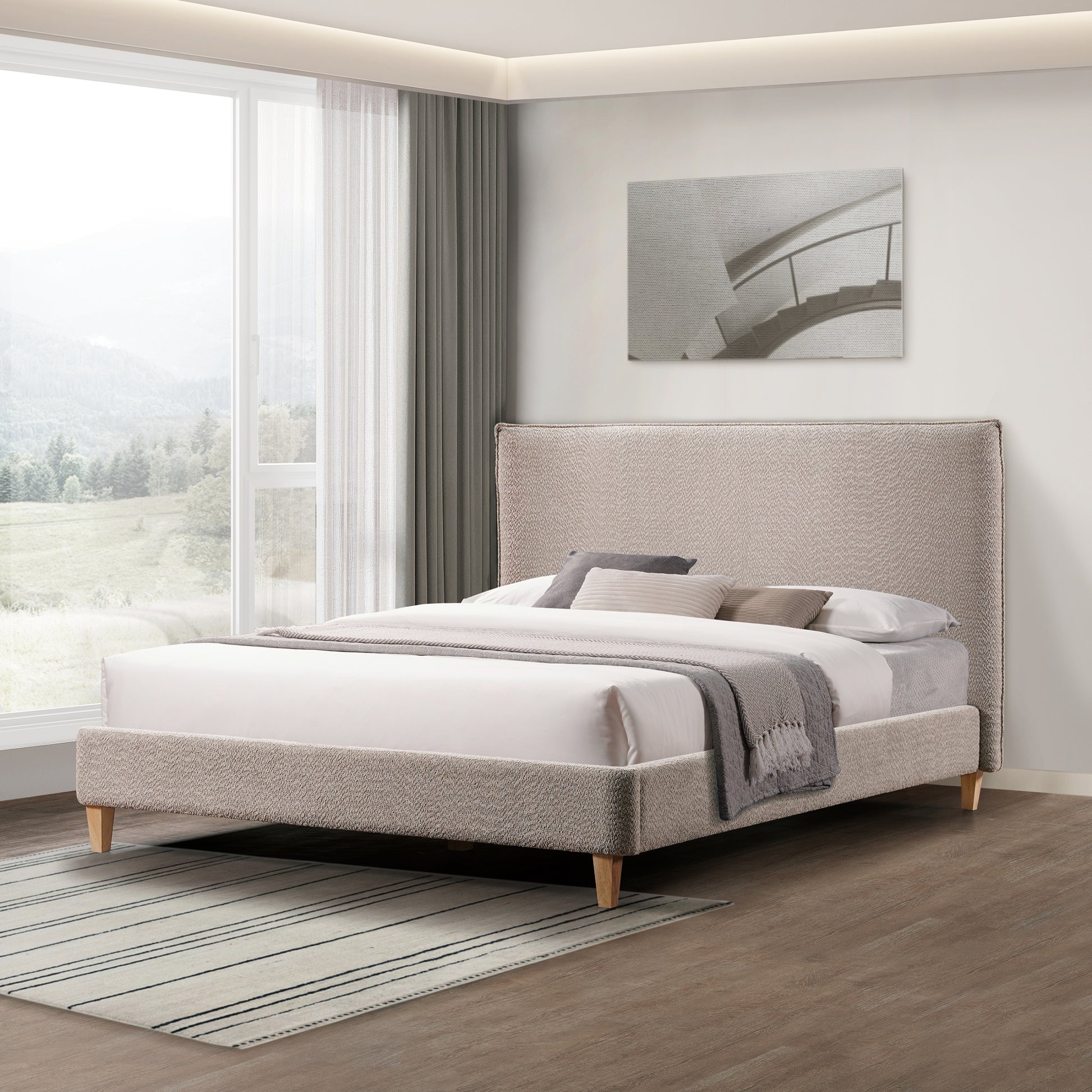 Vireo Upholstered Platform Bed Tungsten Gray Queen Box Spring Not Required Queen Gray Wood Bedroom Slat Beds Boucle Boucle