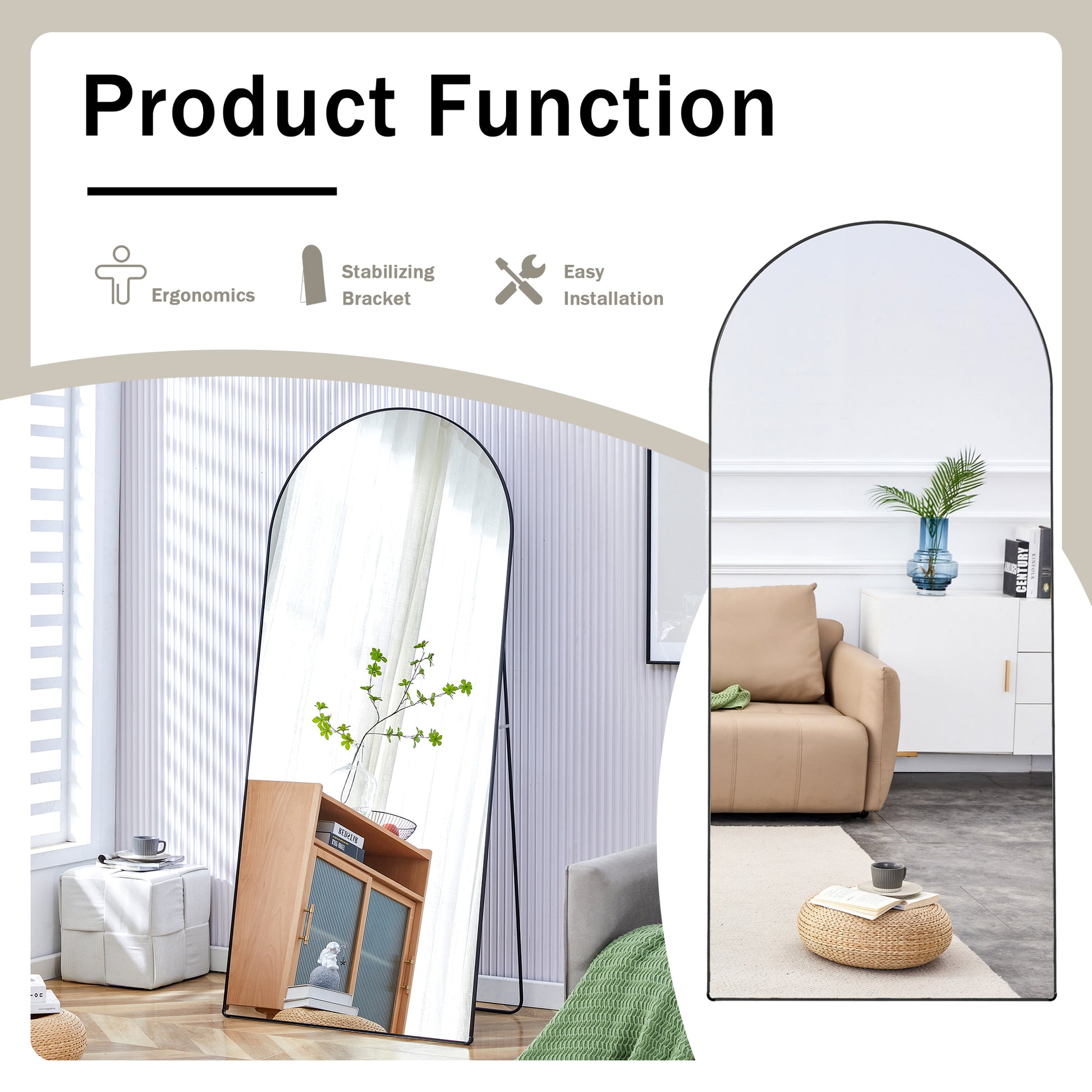 The 4Th Generation Floor Standing Full Length Rearview Mirror. Black Metal Framed Arched Wall Mirror, Bathroom Makeup Mirror, Floor Standing Mirror With Bracket. Black 71 "* 31" Am Black Glass