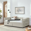 Upholstered Full Size Daybed With Two Drawers, With Button And Copper Nail On Square Arms, Beige 82.75''X58''X30.75'' Box Spring Not Required Full Beige Composite Bedroom