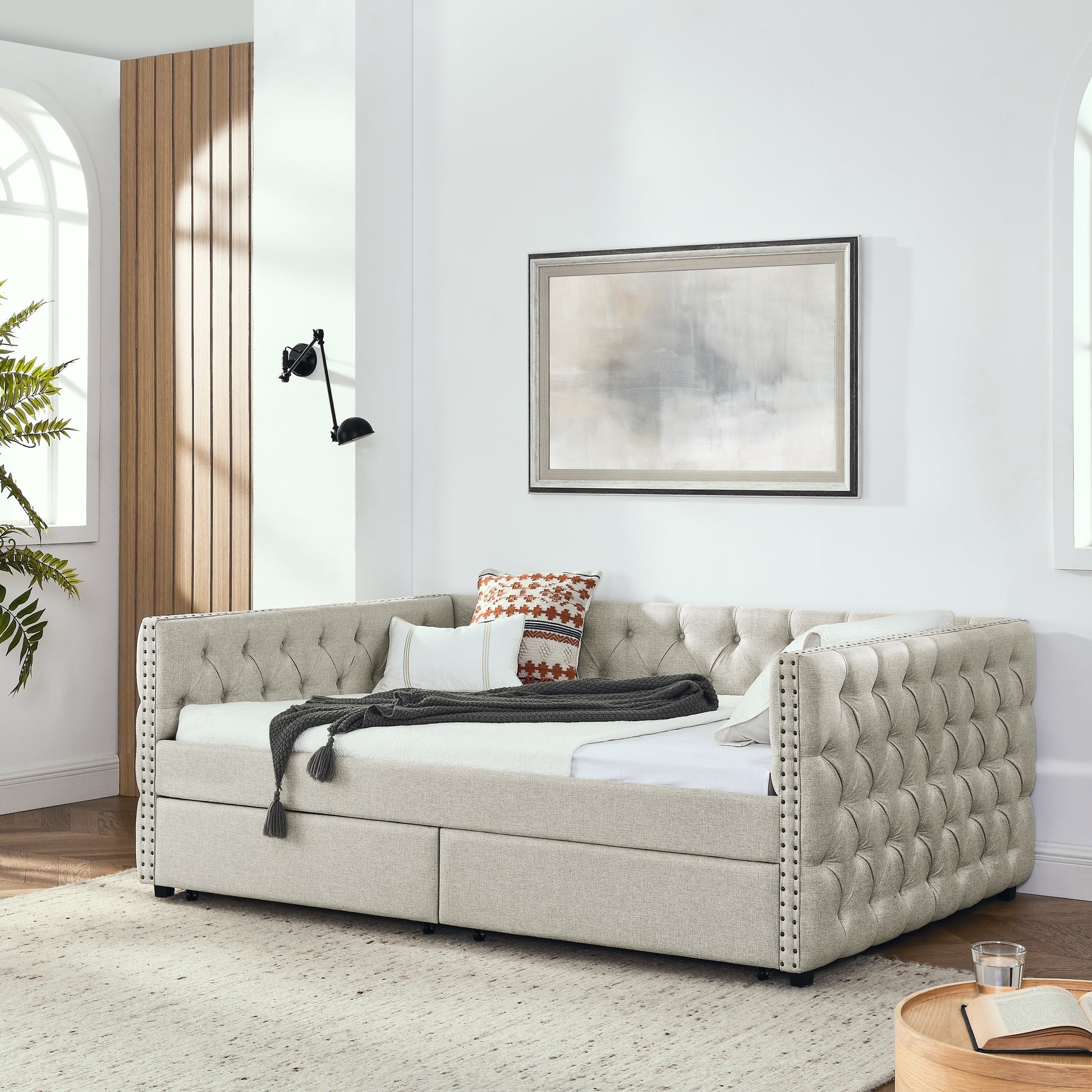 Upholstered Full Size Daybed With Two Drawers, With Button And Copper Nail On Square Arms, Beige 82.75''X58''X30.75'' Box Spring Not Required Full Beige Composite Bedroom